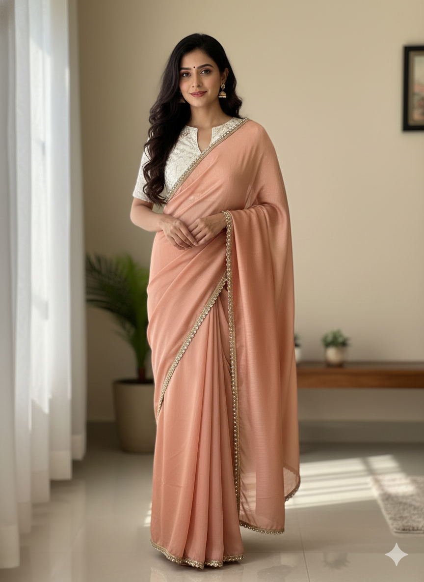 Peach Wrinkle Chiffon Silk Saree