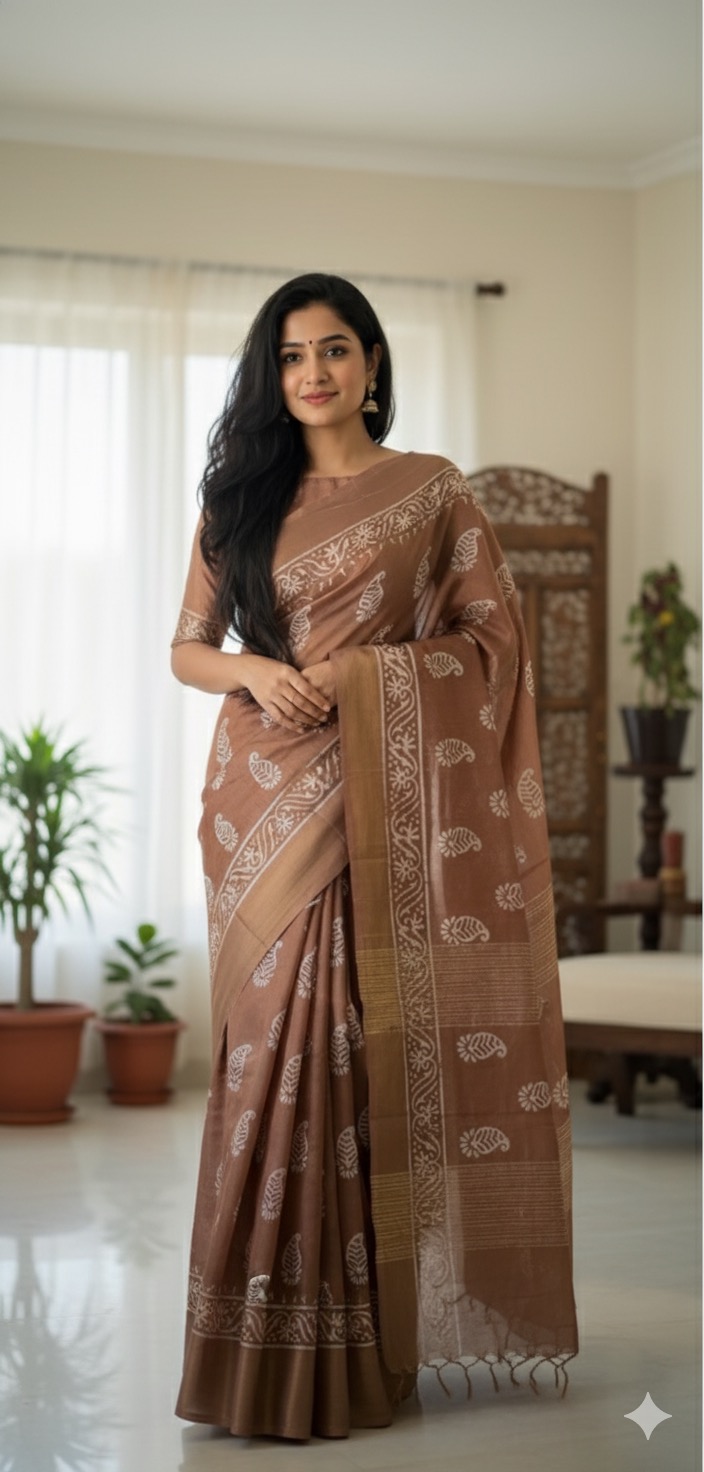 Bamboo silk Block Print Saree