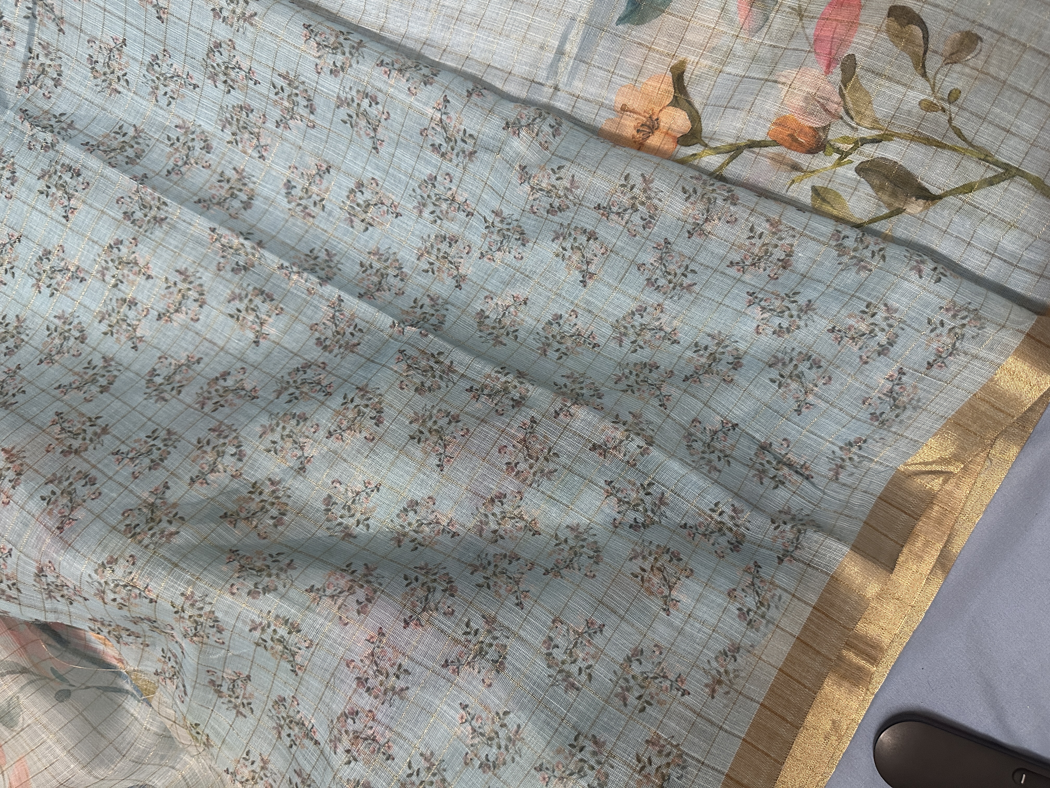 Floral Printed Light Blue Linen cotton Saree