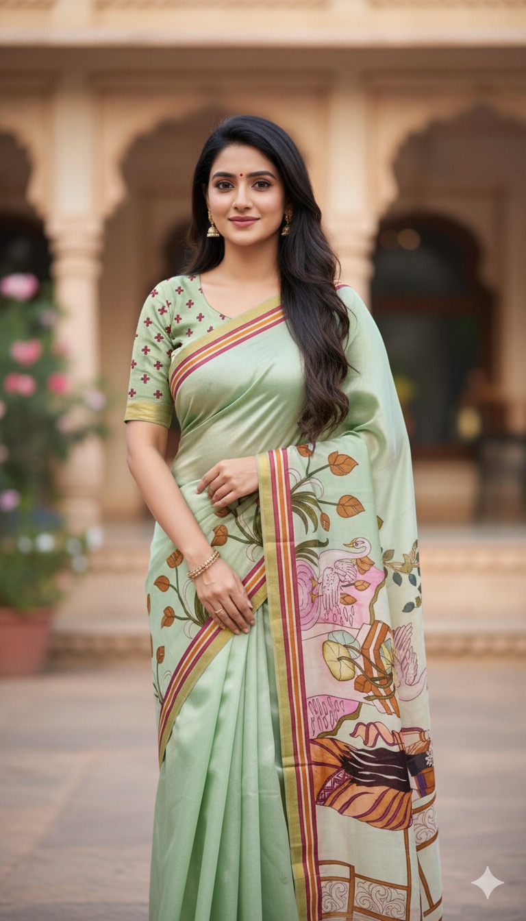 Hand-painted Swan Ruby Silk Saree