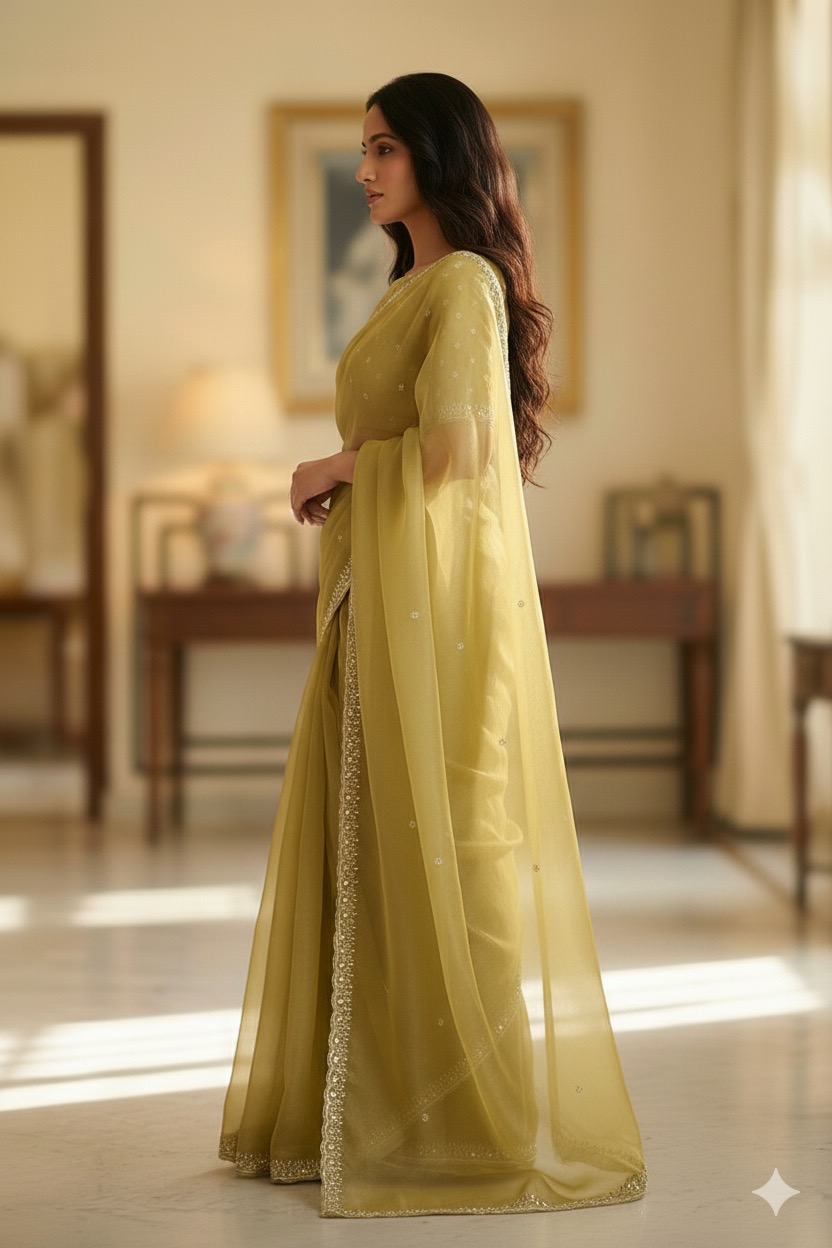 Elegant Mehendi Green Shimmer Organza Saree