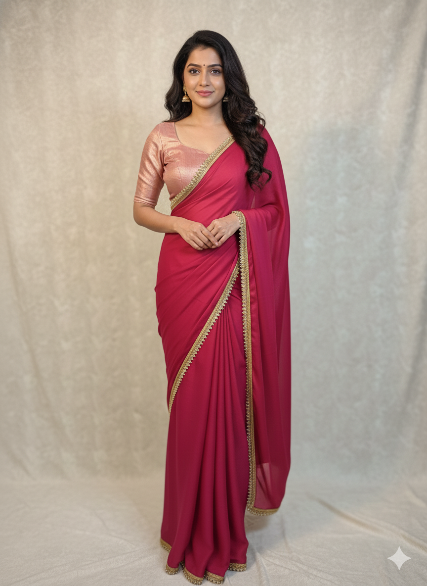 Elegant Rani Pink Wrinkle Chiffon Saree