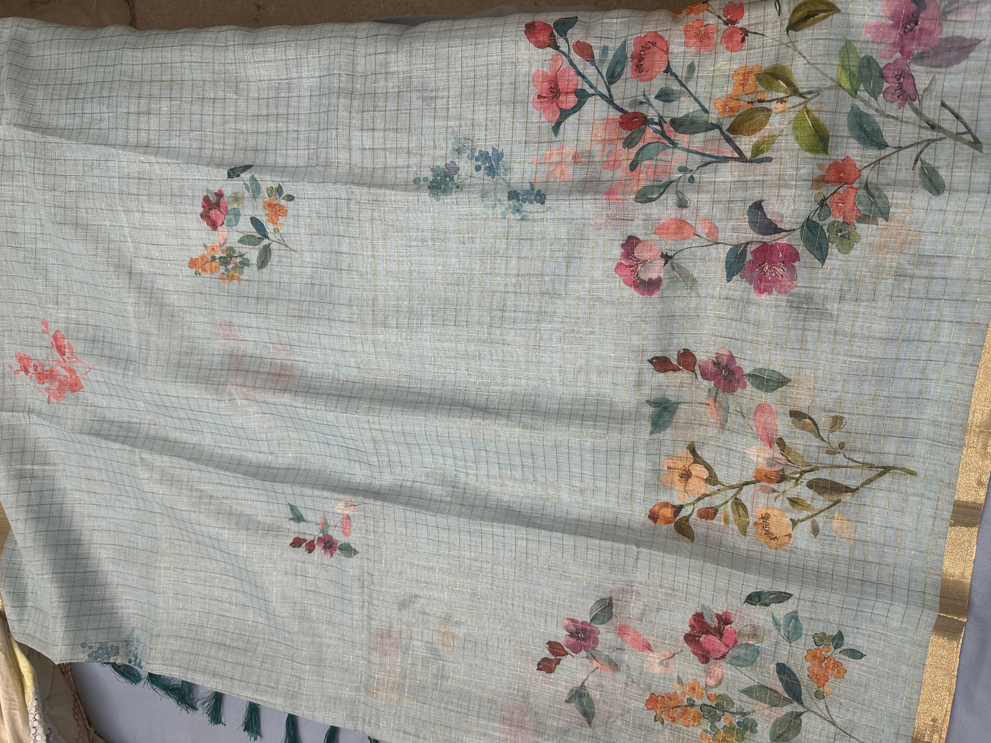 Floral Printed Light Blue Linen cotton Saree