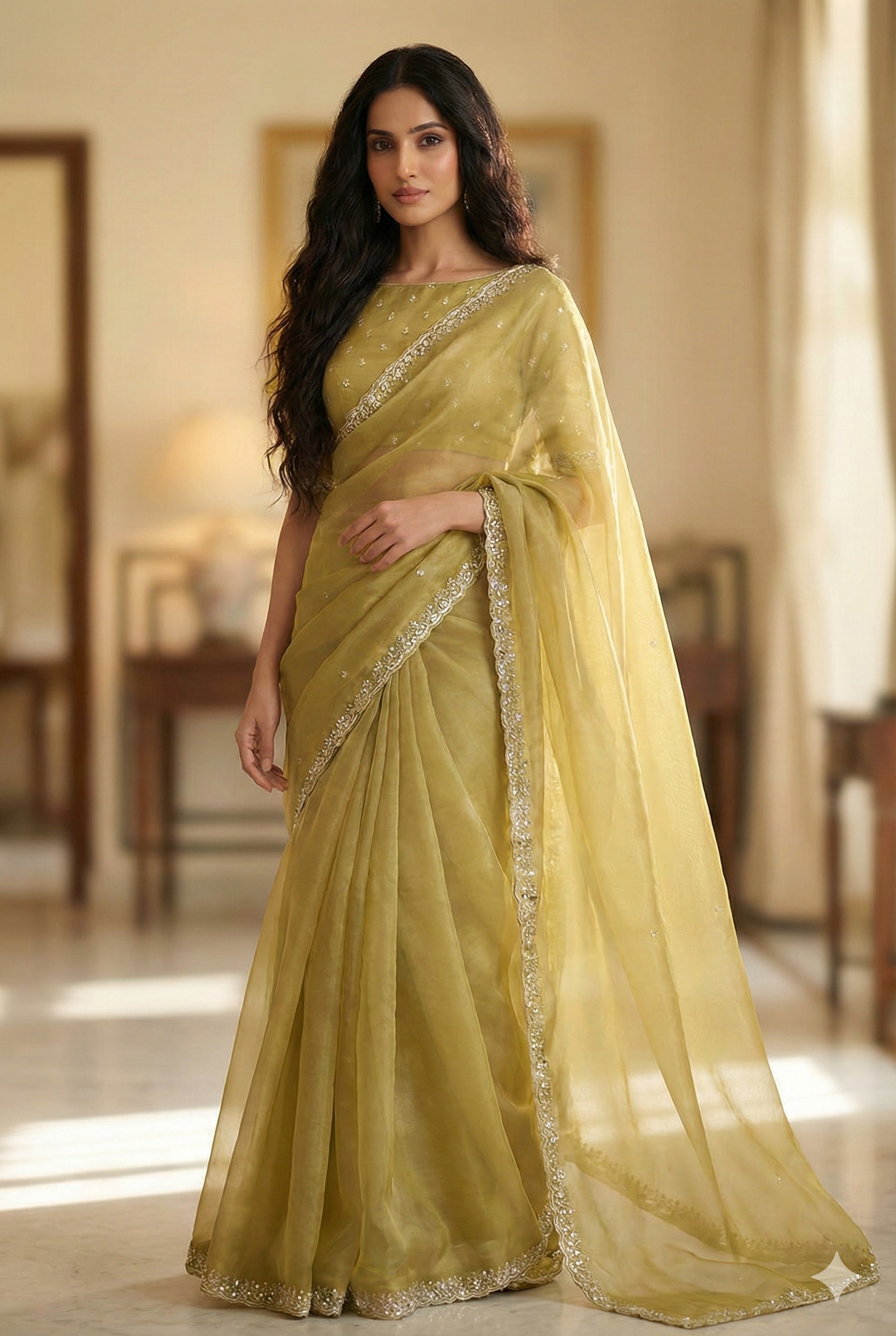 Elegant Mehendi Green Shimmer Organza Saree