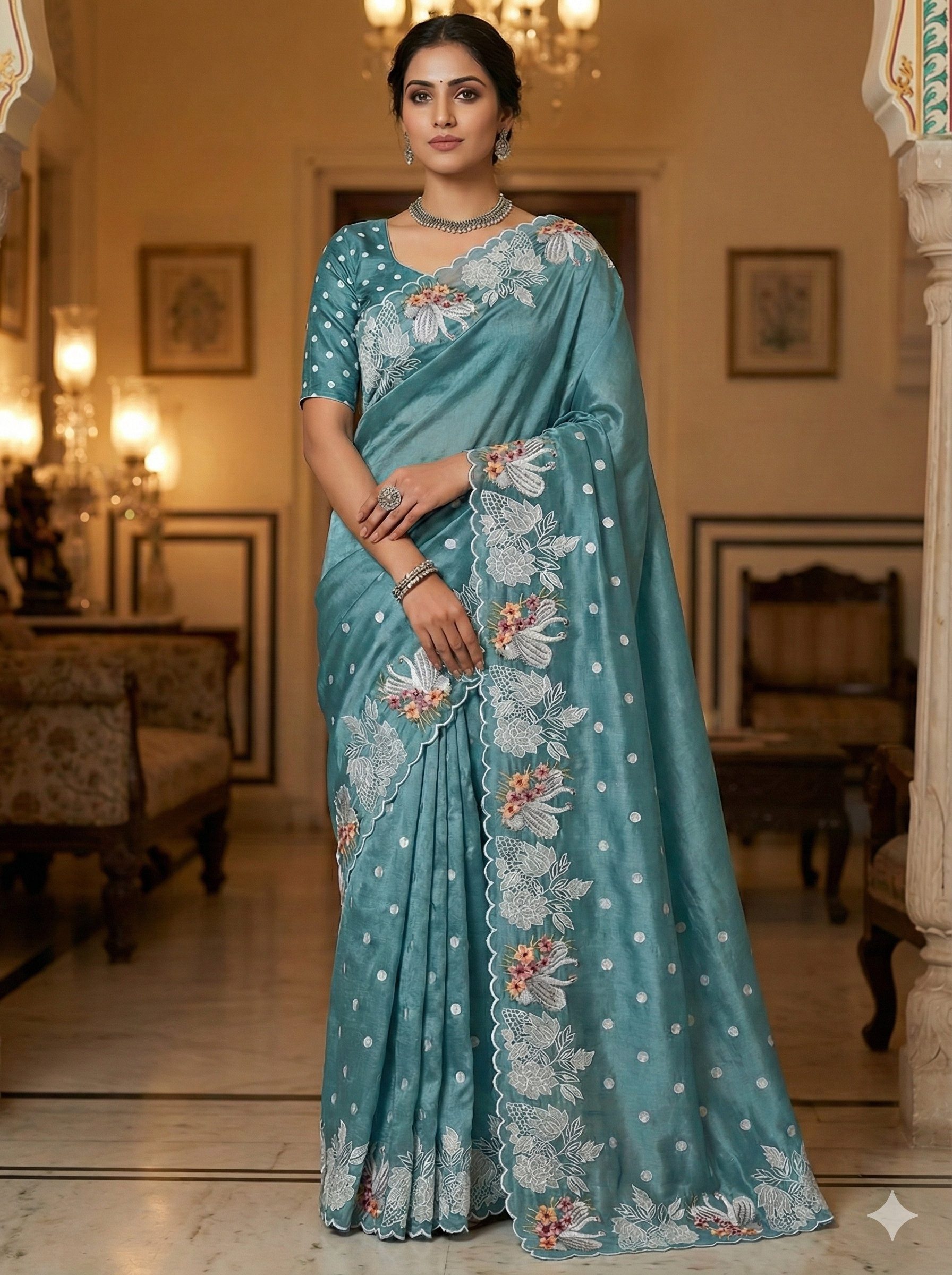 Teal Blue Organza Silk Saree