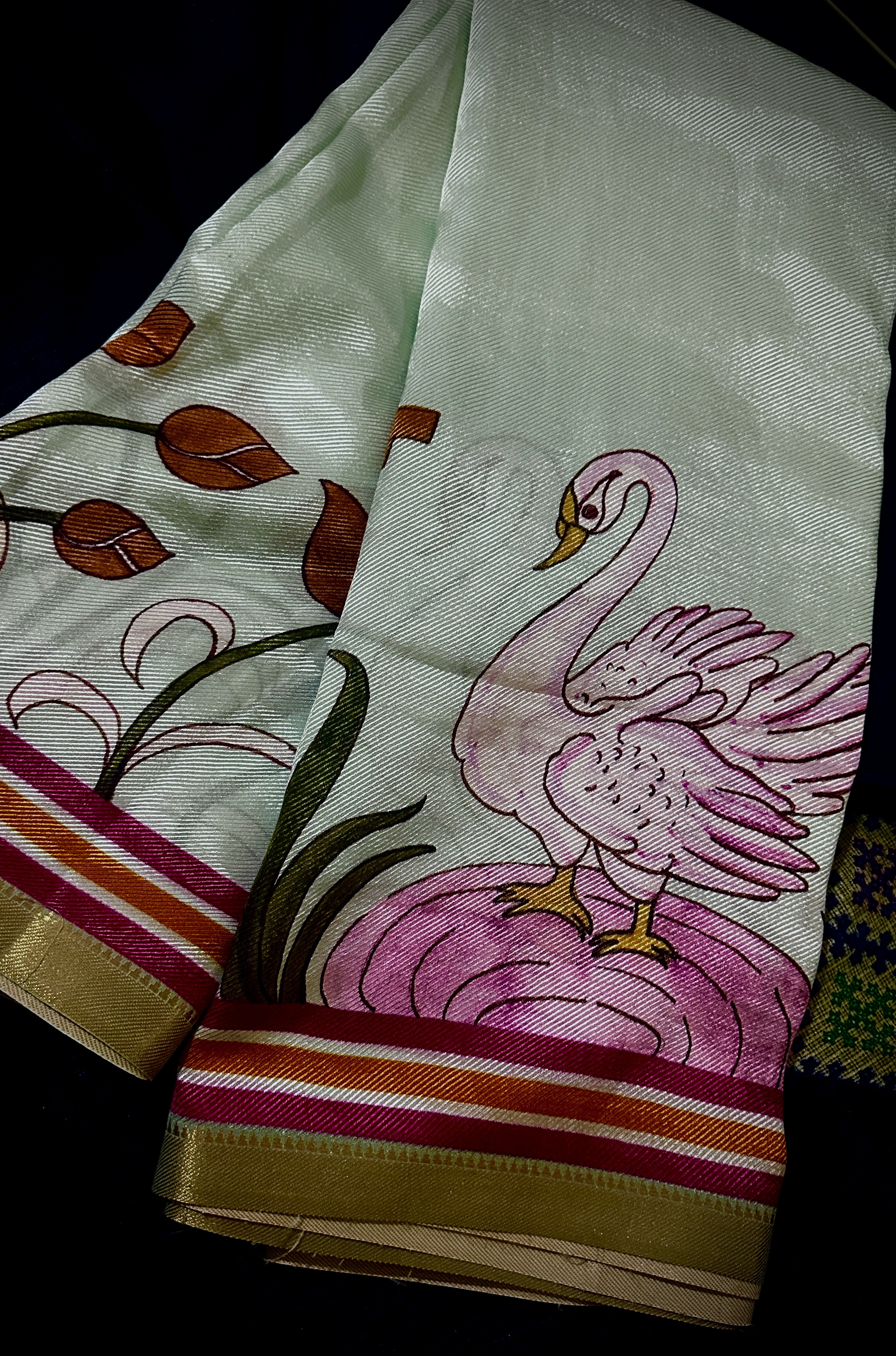 Hand-painted Swan Ruby Silk Saree