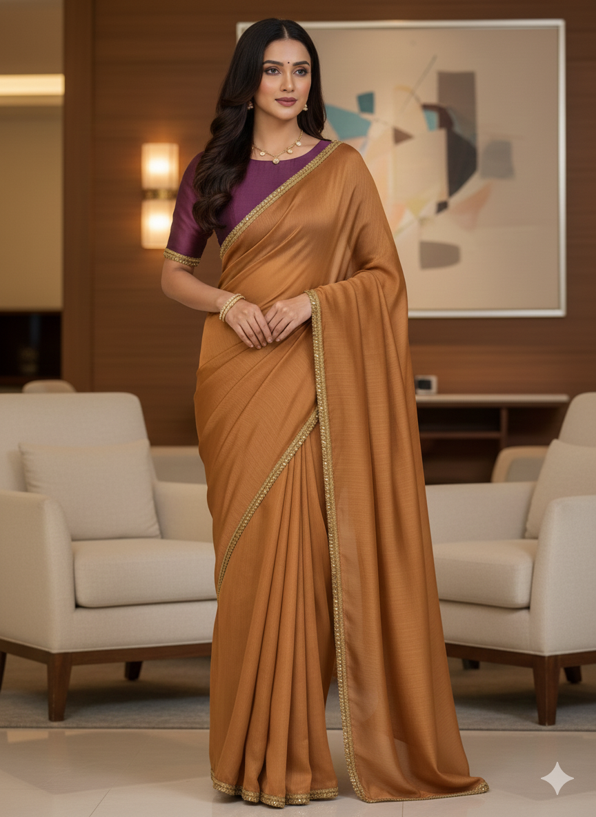 Elegant Sunset Peach Wrinkle Chiffon Saree