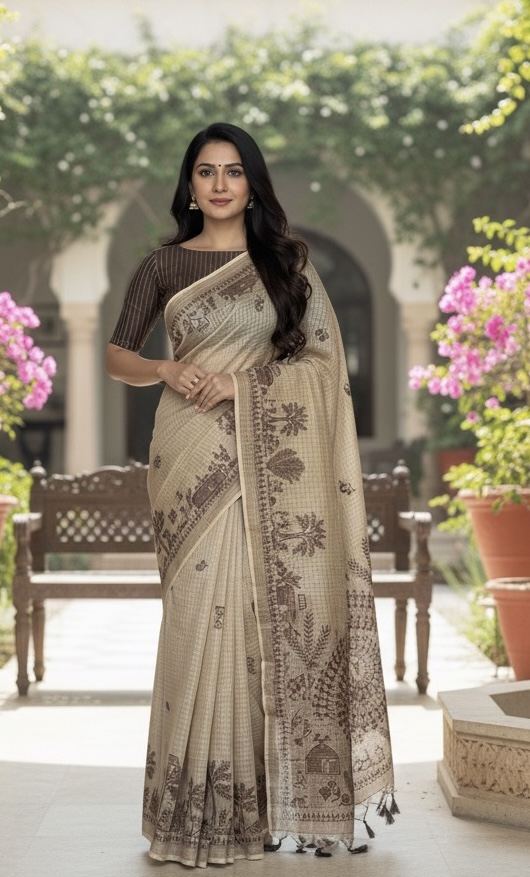 Elegant Beige Munga Cotton Saree