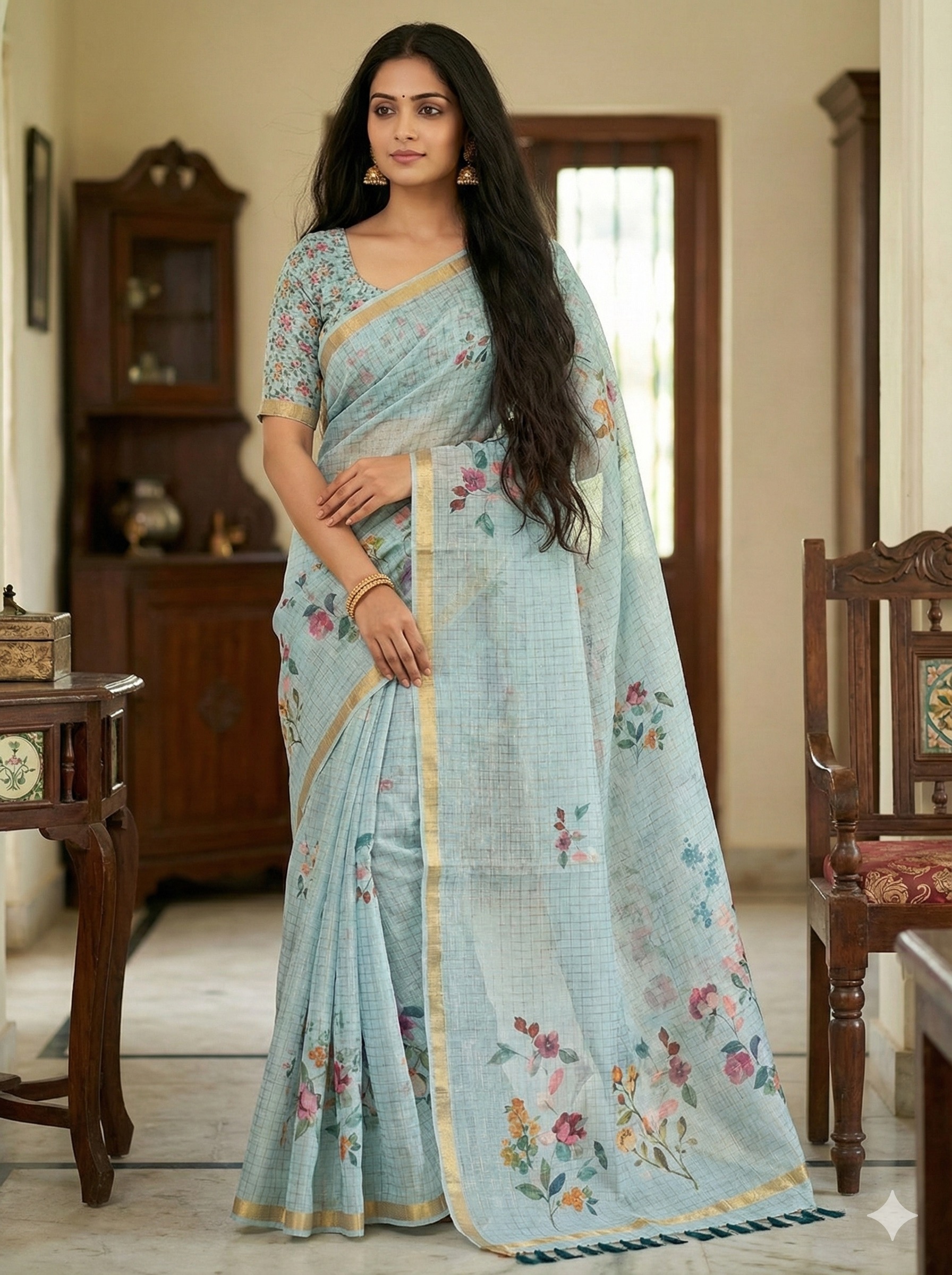 Floral Printed Light Blue Linen cotton Saree