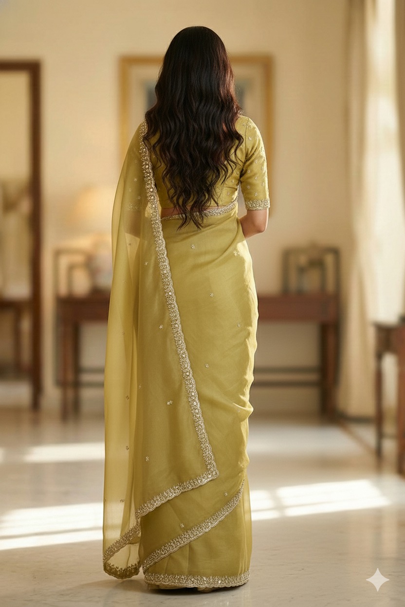 Elegant Mehendi Green Shimmer Organza Saree