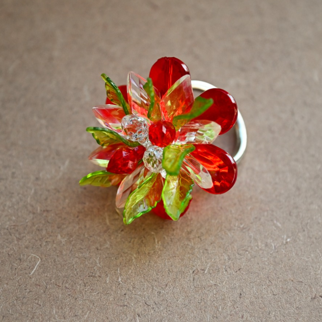 Porta-guardanapo com flor acrílica vermelha e verde