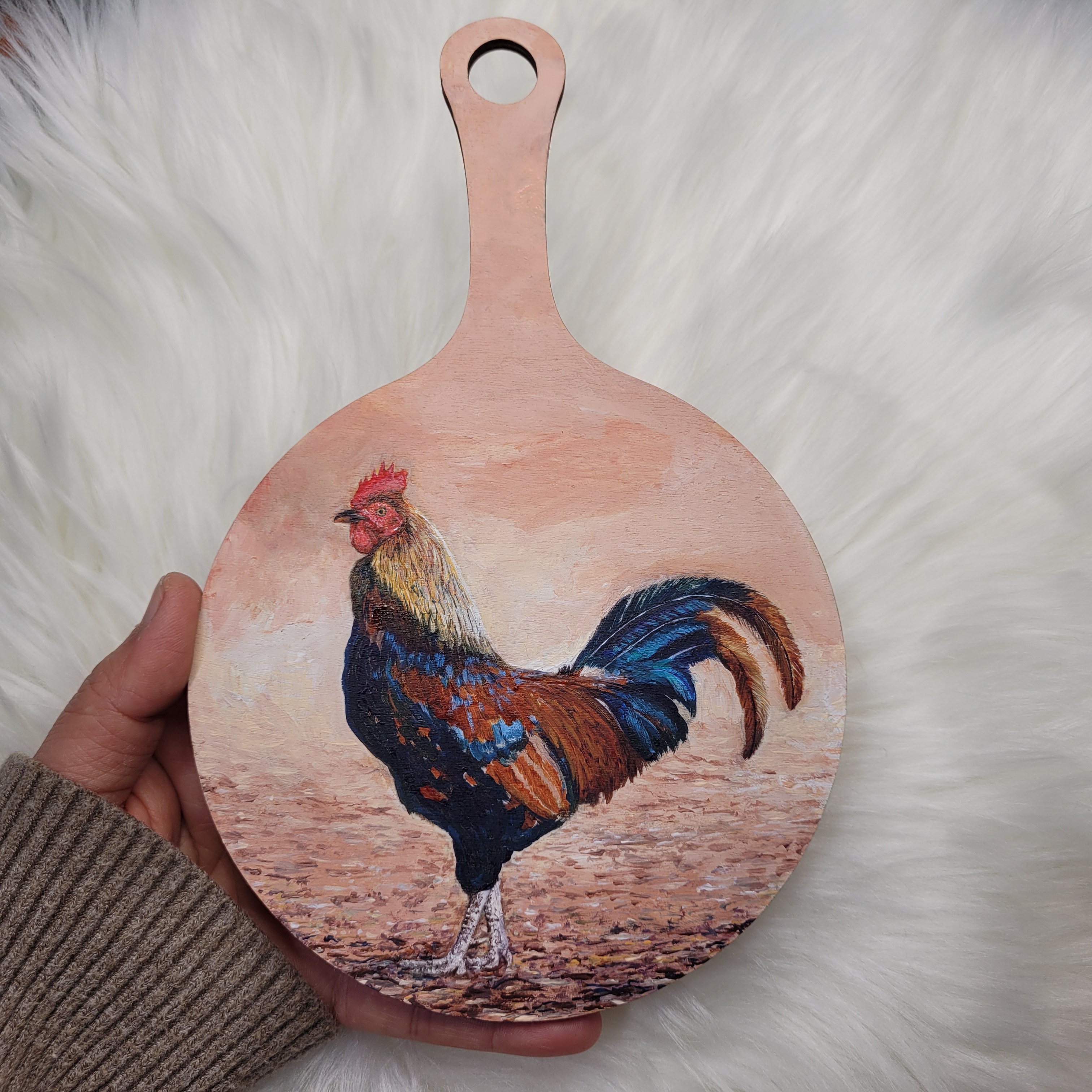 Original Rooster Hand Painted on Wooden Cutting Board