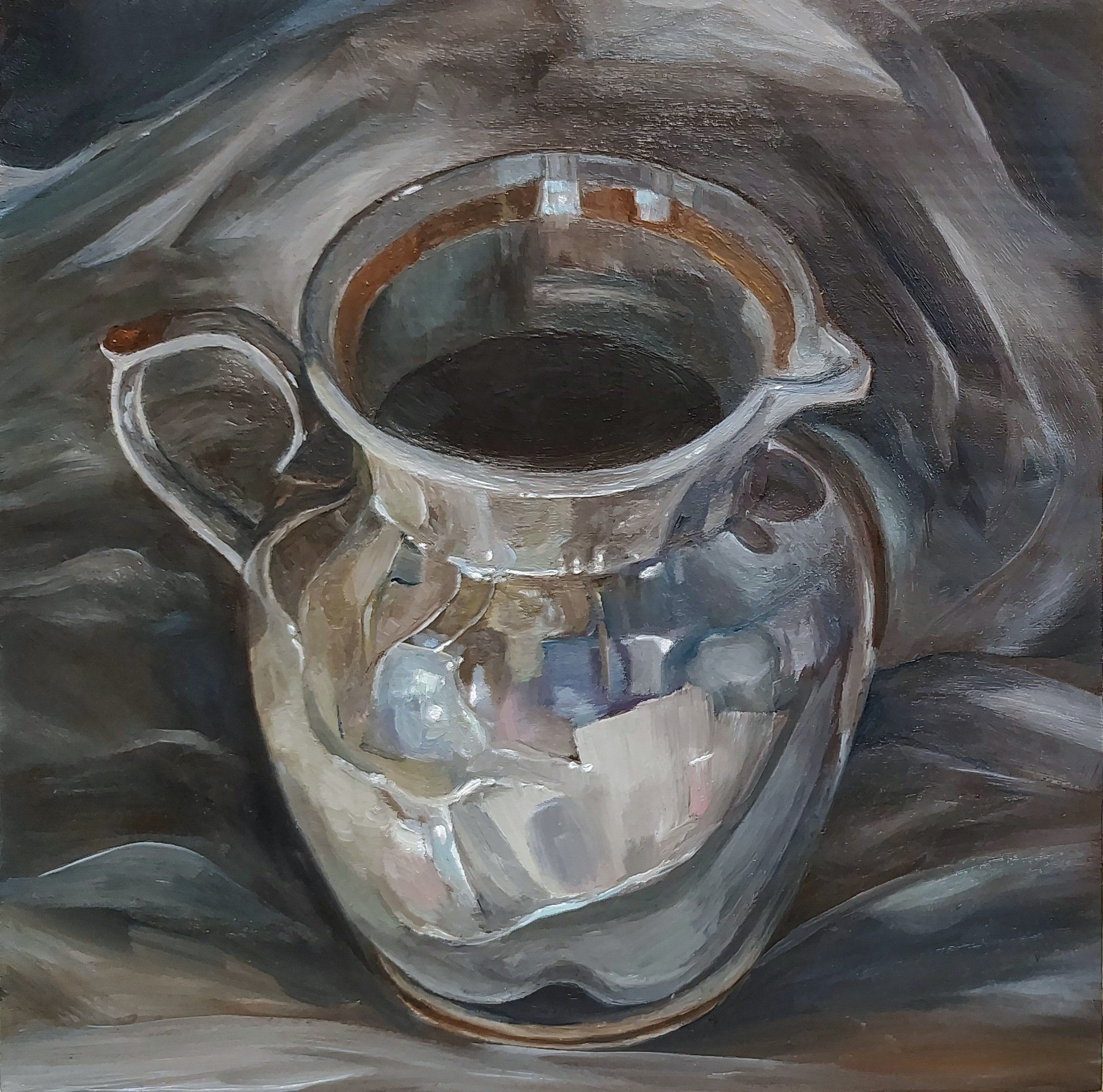 Silver Pitcher Still Life Oil Painting on Wood