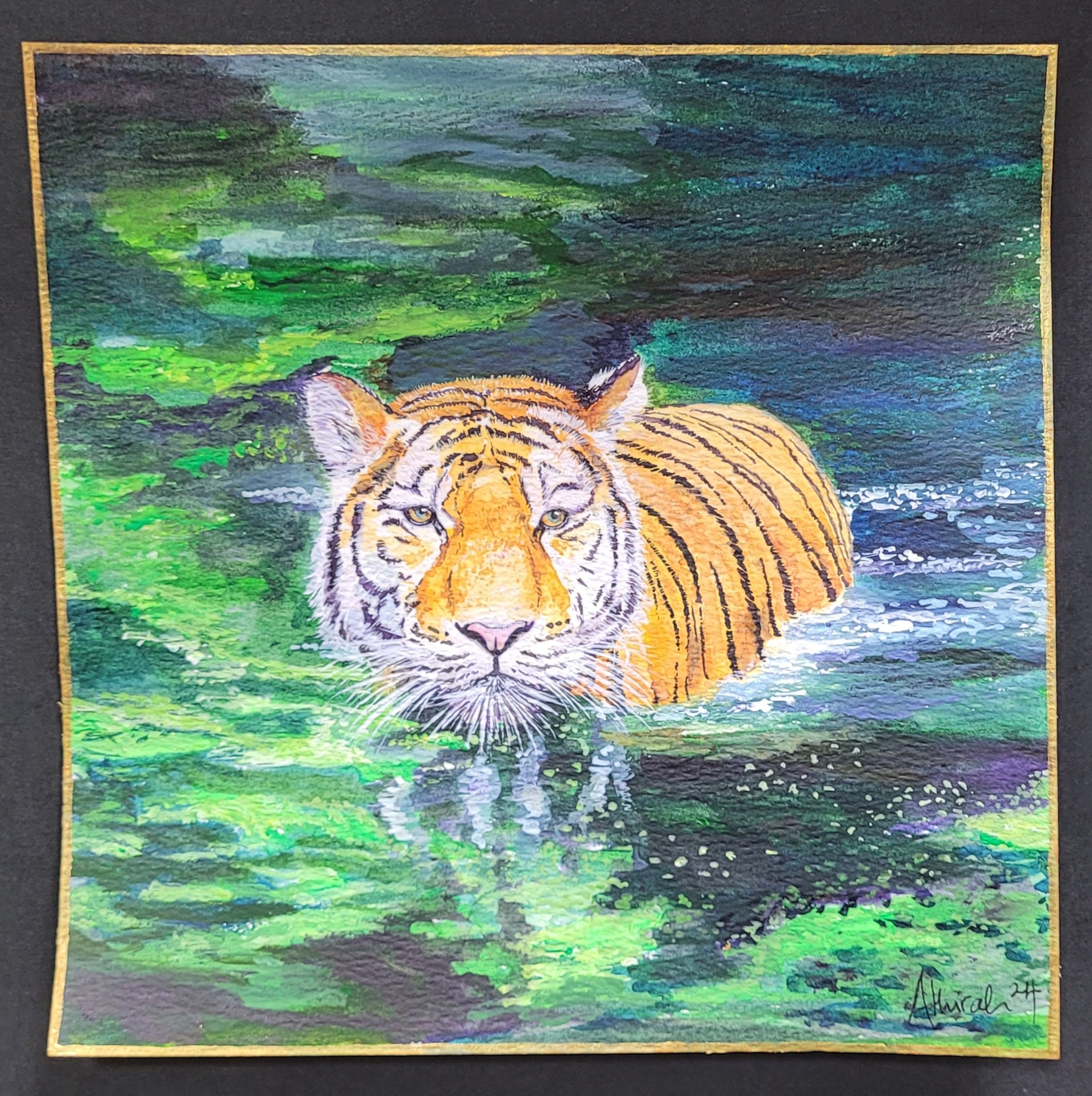 Tiger Swimming Original Watercolor Painting 