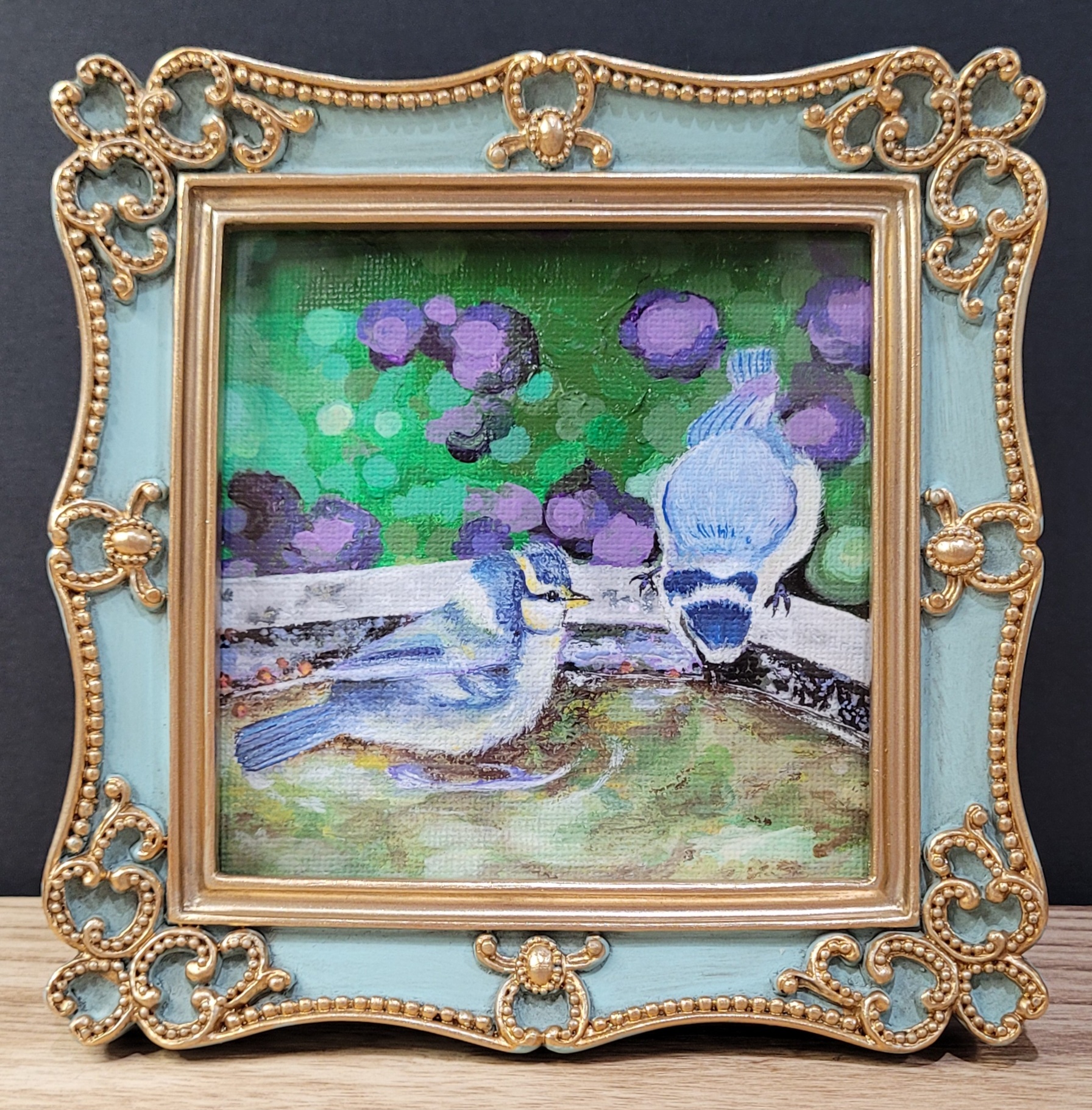 Hand-Painted Bluebirds Acrylic Painting in Ornate Frame
