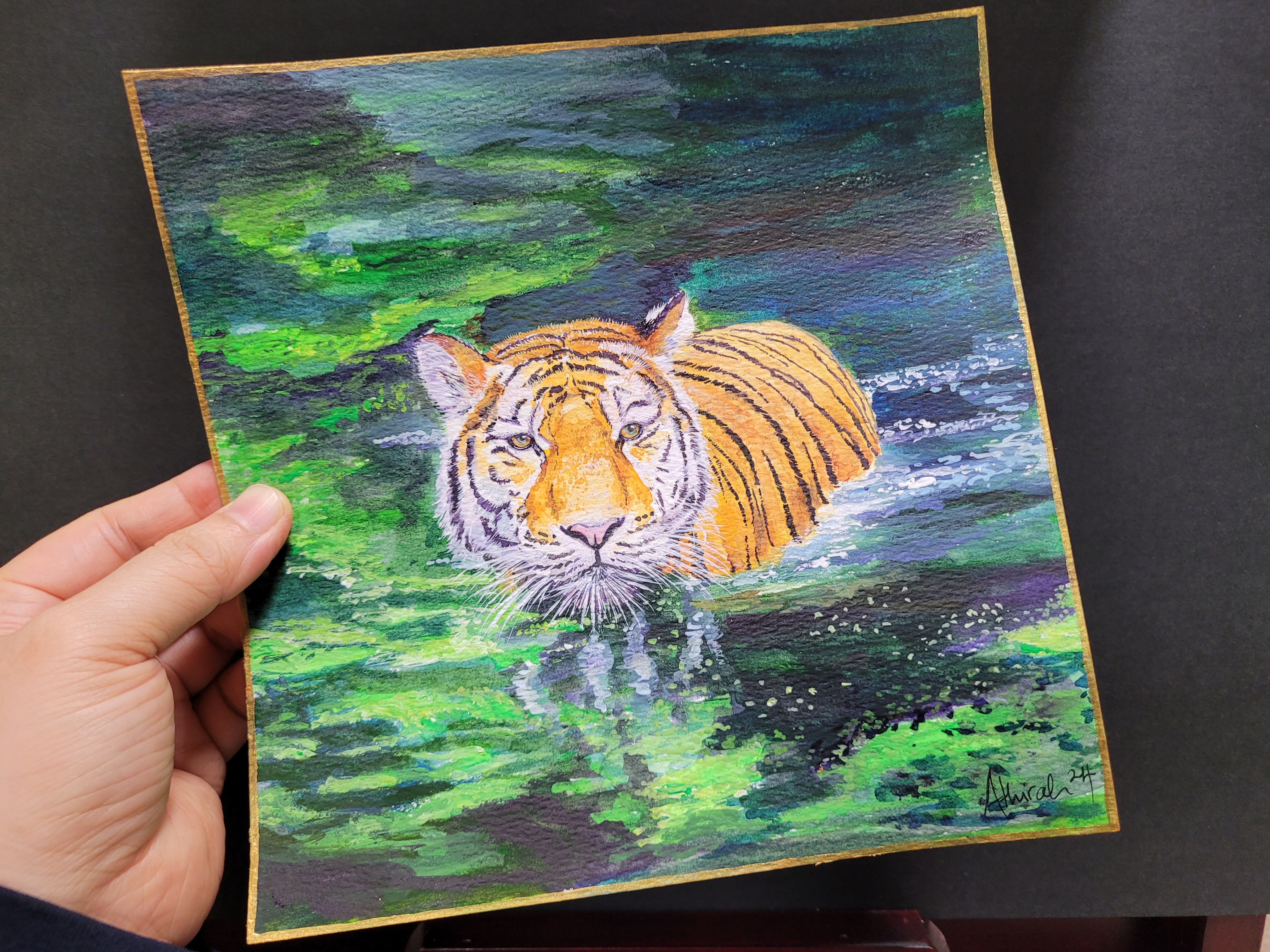 Tiger Swimming Original Watercolor Painting 