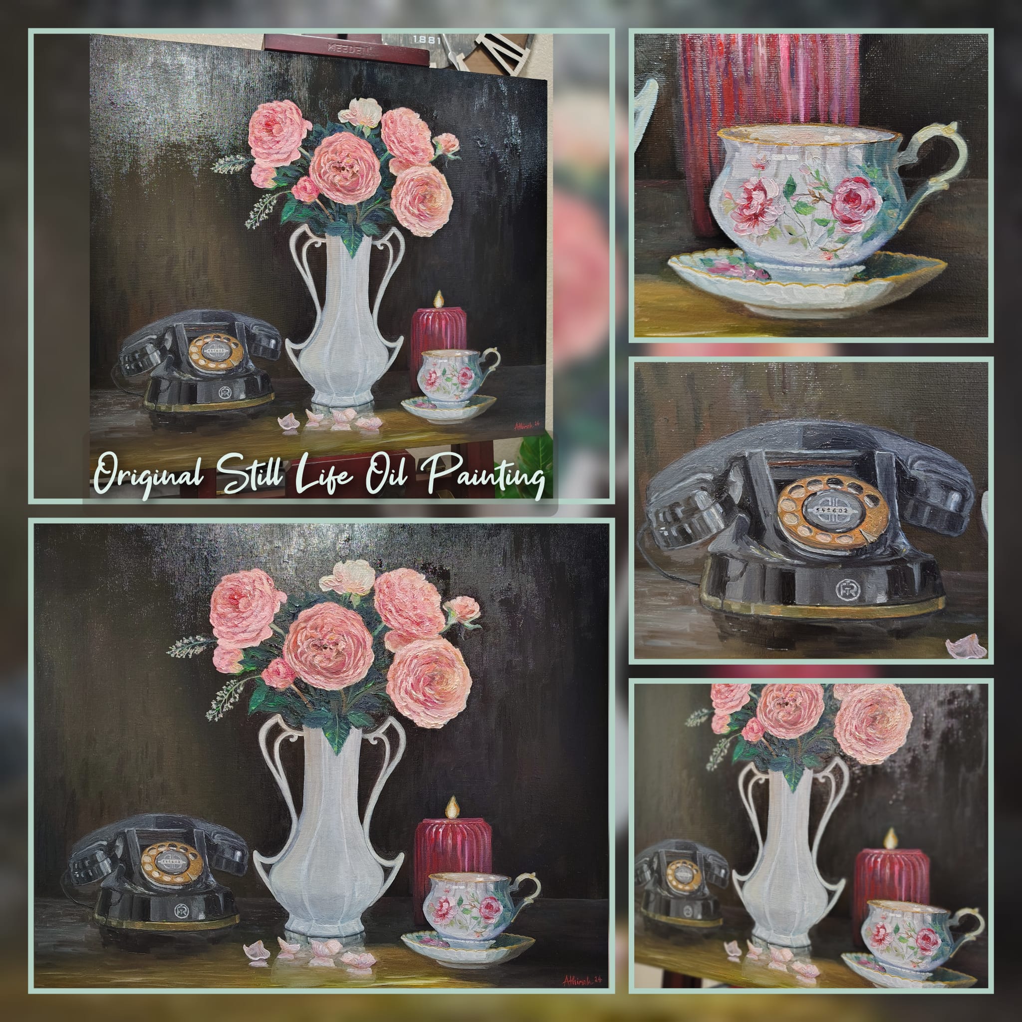 Original Flowers Teacup Rotary Phone Vintage Still Life Oil Painting 20x24in