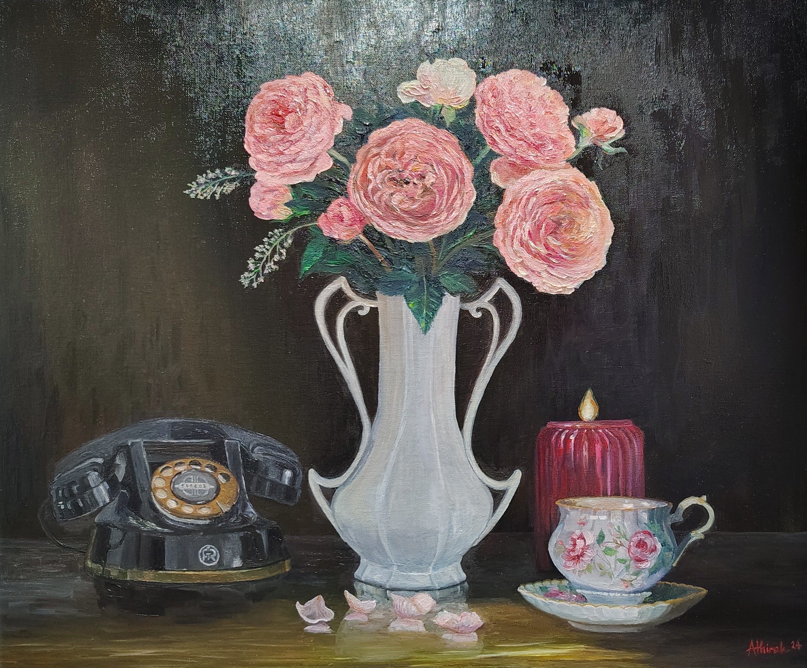 Original Flowers Teacup Rotary Phone Vintage Still Life Oil Painting 20x24in