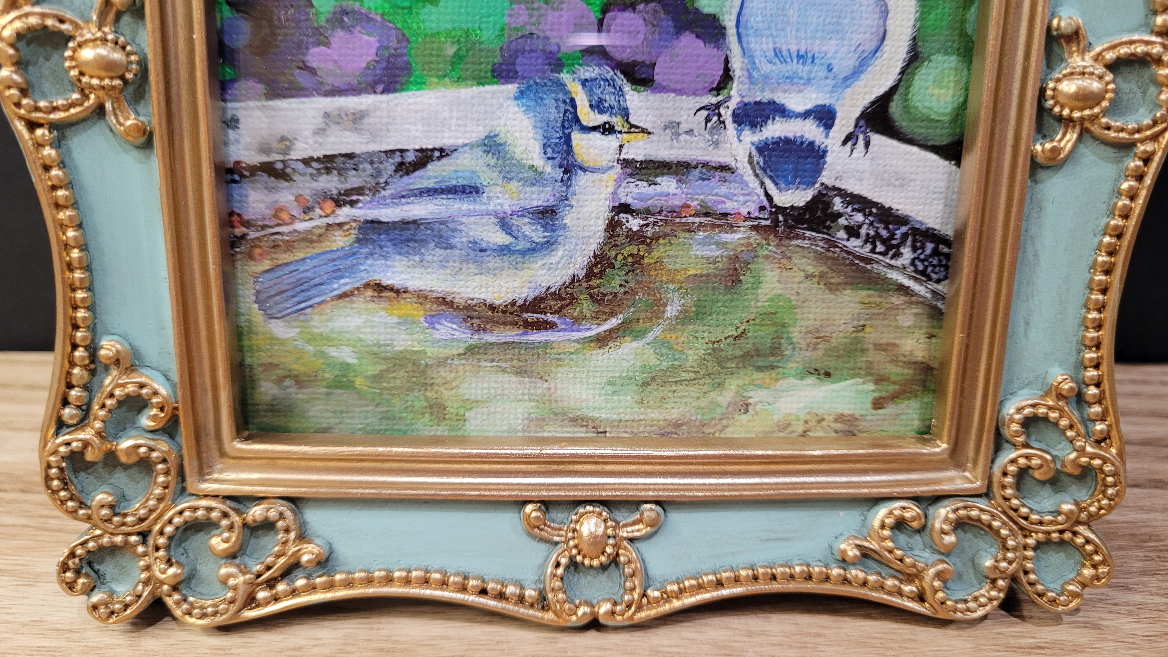 Hand-Painted Bluebirds Acrylic Painting in Ornate Frame