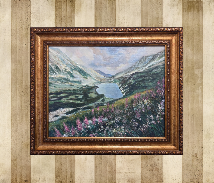 ORIGINAL Mountain Landscape 8"x10" Acrylic Painting Ornate Vintage Picture Frame