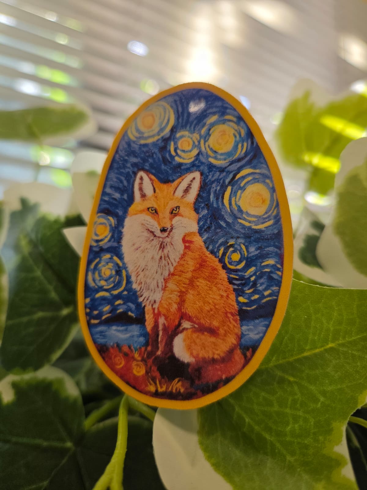 Vinyl Sticker Starry Night Red Fox Portrait Small Holographic Laminate Waterproof Laptop Cup Stickers Painting 2 x 3 inches