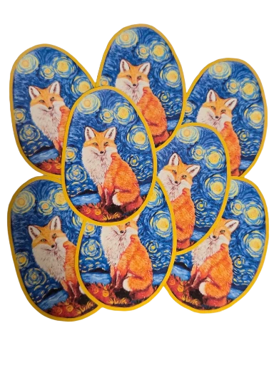 Vinyl Sticker Starry Night Red Fox Portrait Small Holographic Laminate Waterproof Laptop Cup Stickers Painting 2 x 3 inches