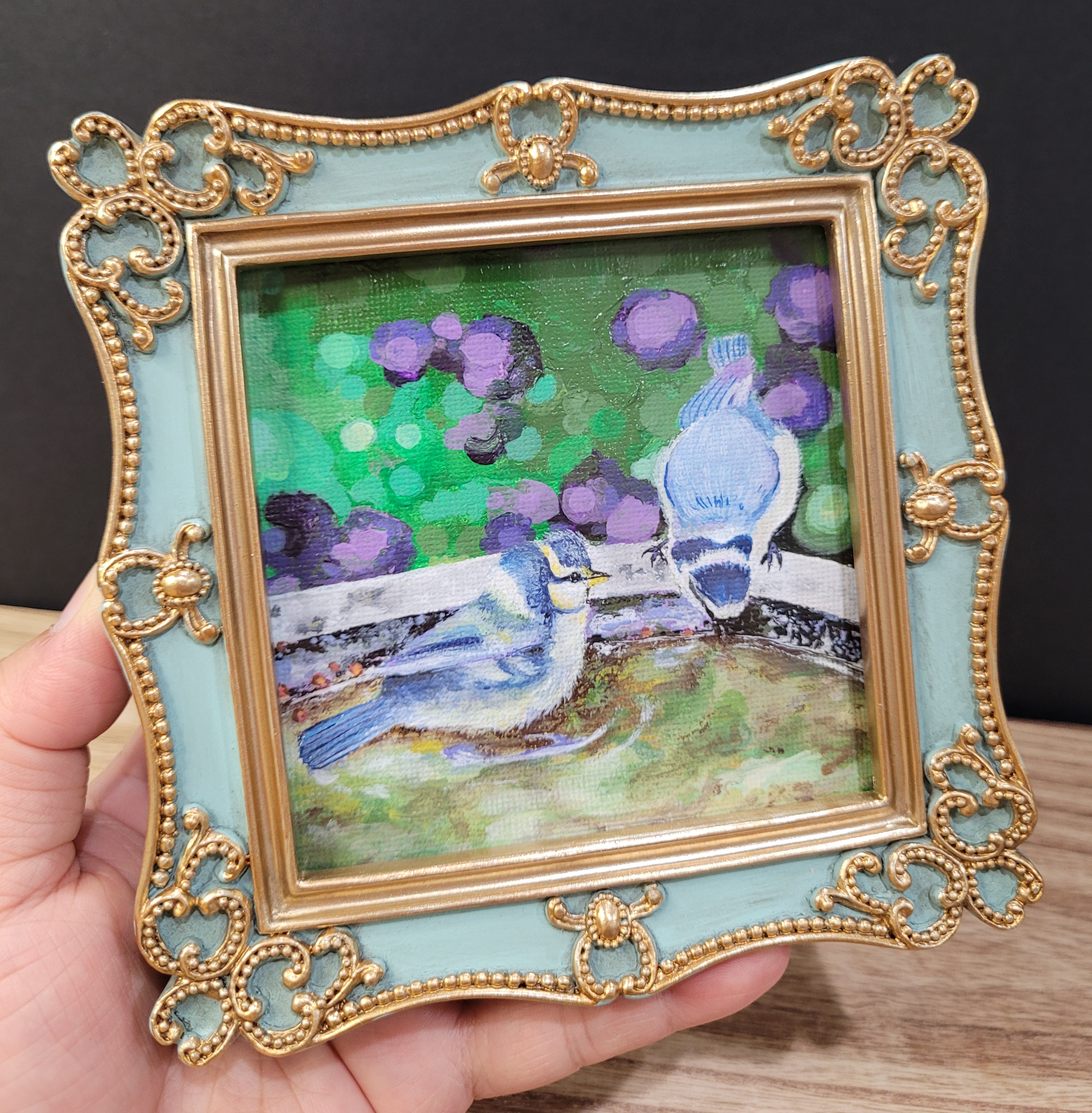 Hand-Painted Bluebirds Acrylic Painting in Ornate Frame