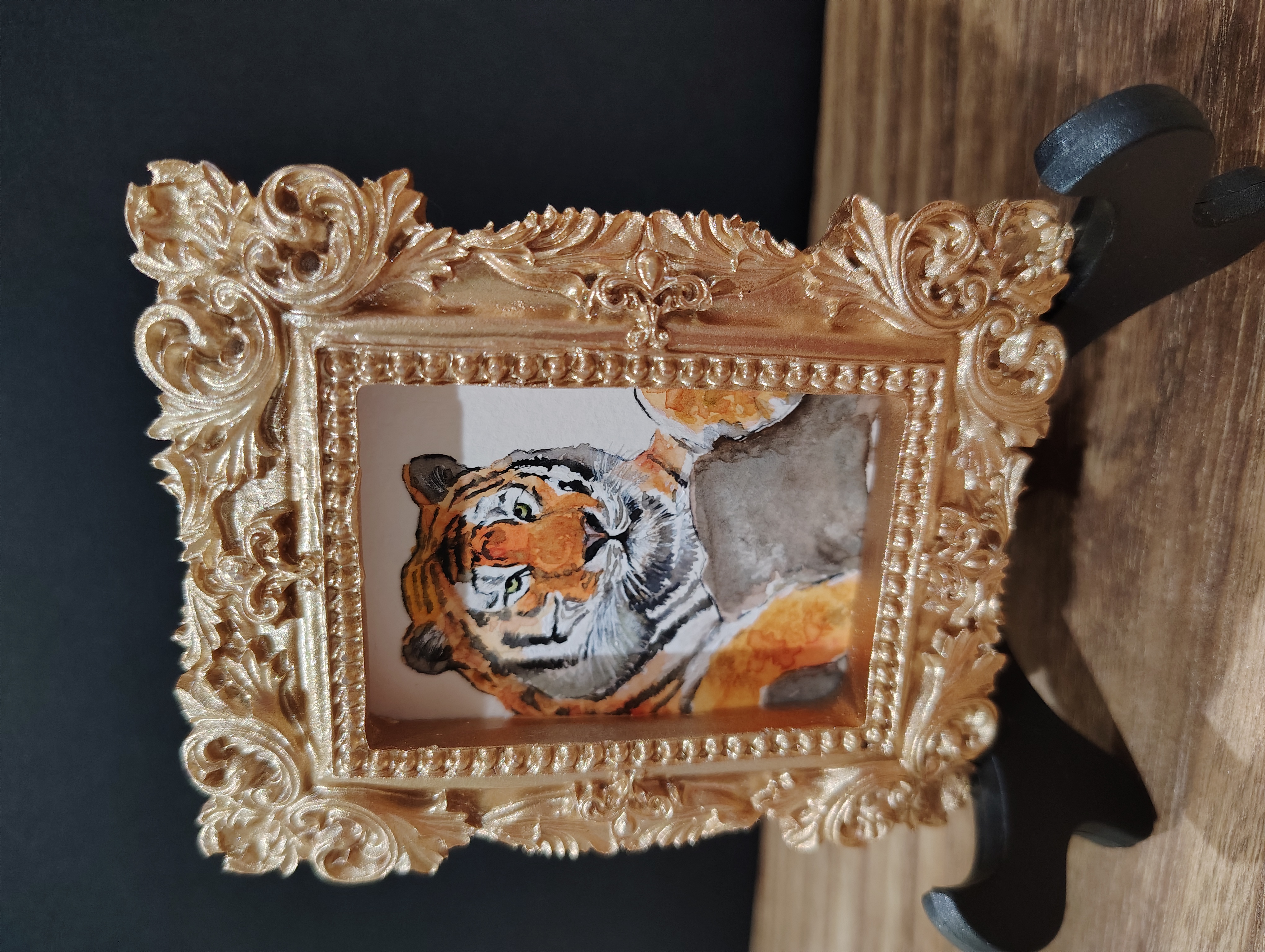 Hand-painted Tiger Portrait in Ornate Golden Frame