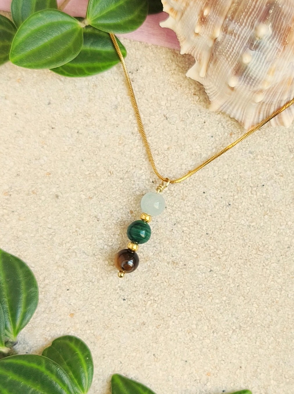 Aquamarijn, Malachiet en Tijgeroog ketting