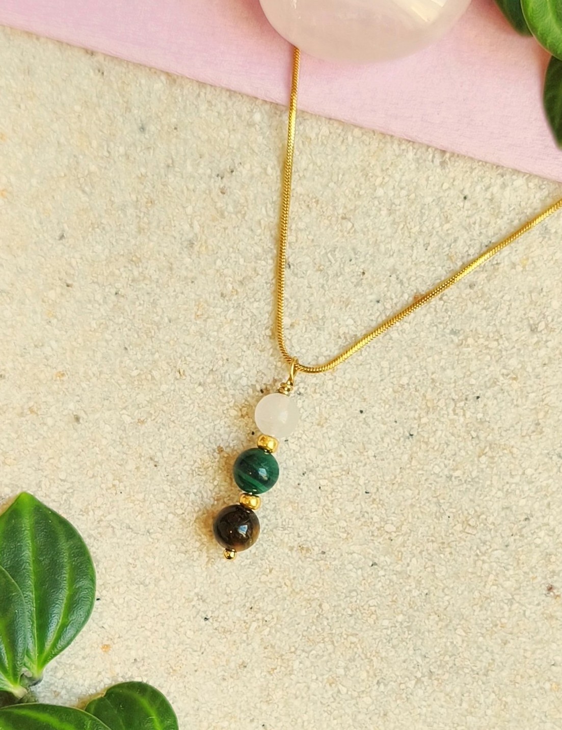 Rozenkwarts, Malachiet en Tijgeroog ketting