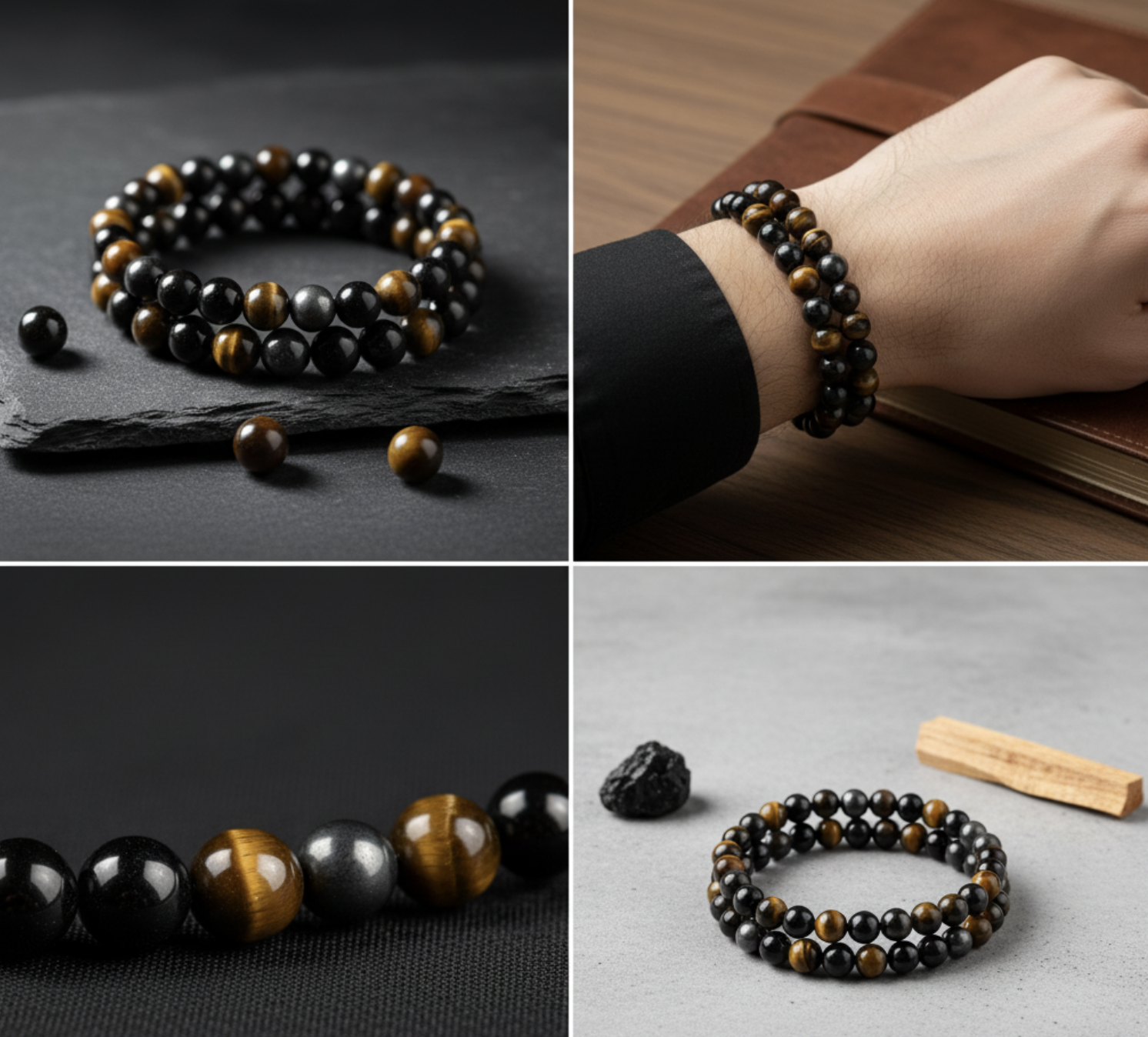 Natural Black Obsidian and Tiger Eye Bracelet