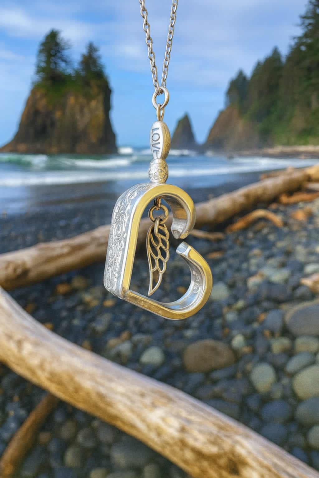Silver-Plated Heart & Wing Pendant on 1810 Stainless Steel Chain