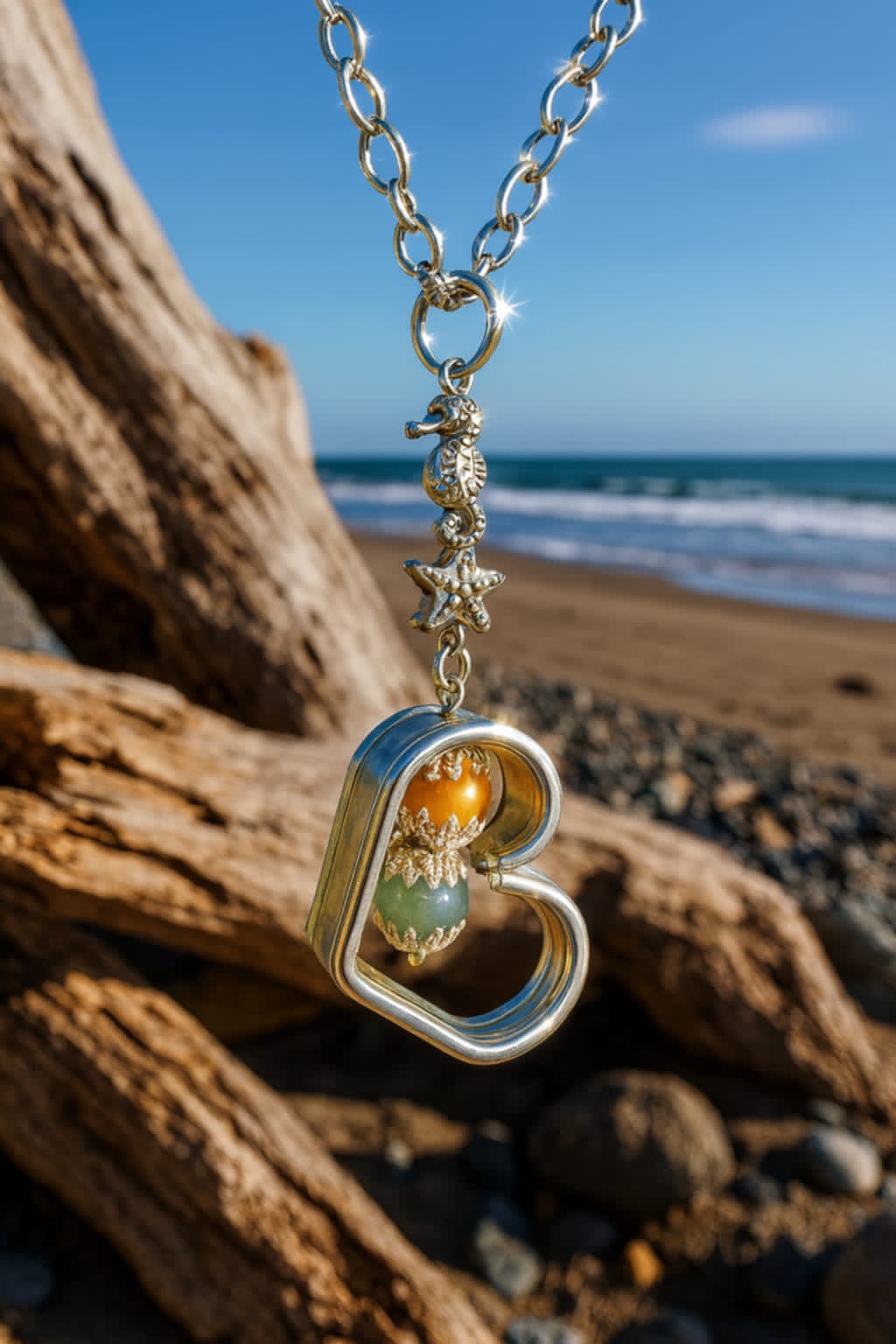 Ocean Heart Pendant – Silver & Stainless Steel with Glass Beads