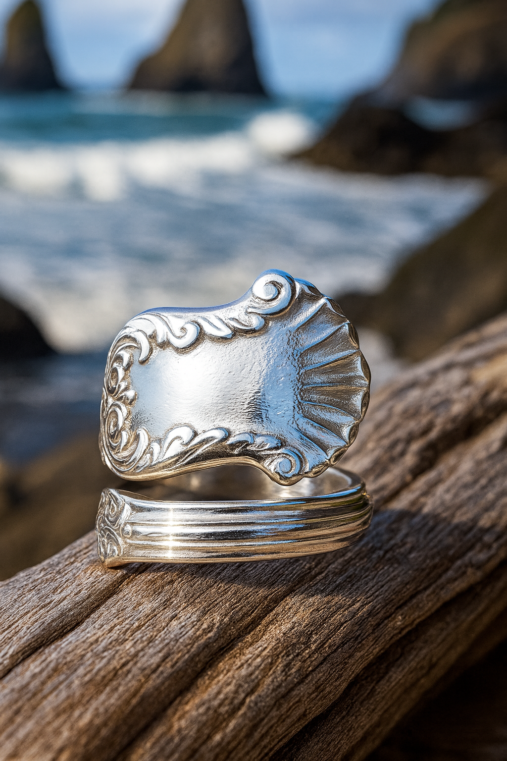 Silver-Plated Shell & Scroll Spoon Ring size 10