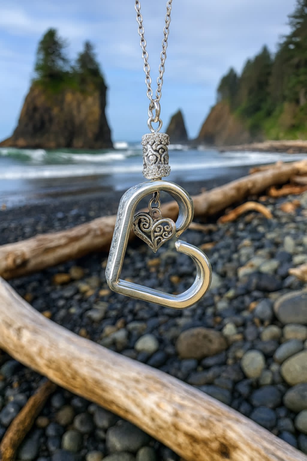 Silver-Plated Double Heart Pendant on 1810 Stainless Chain