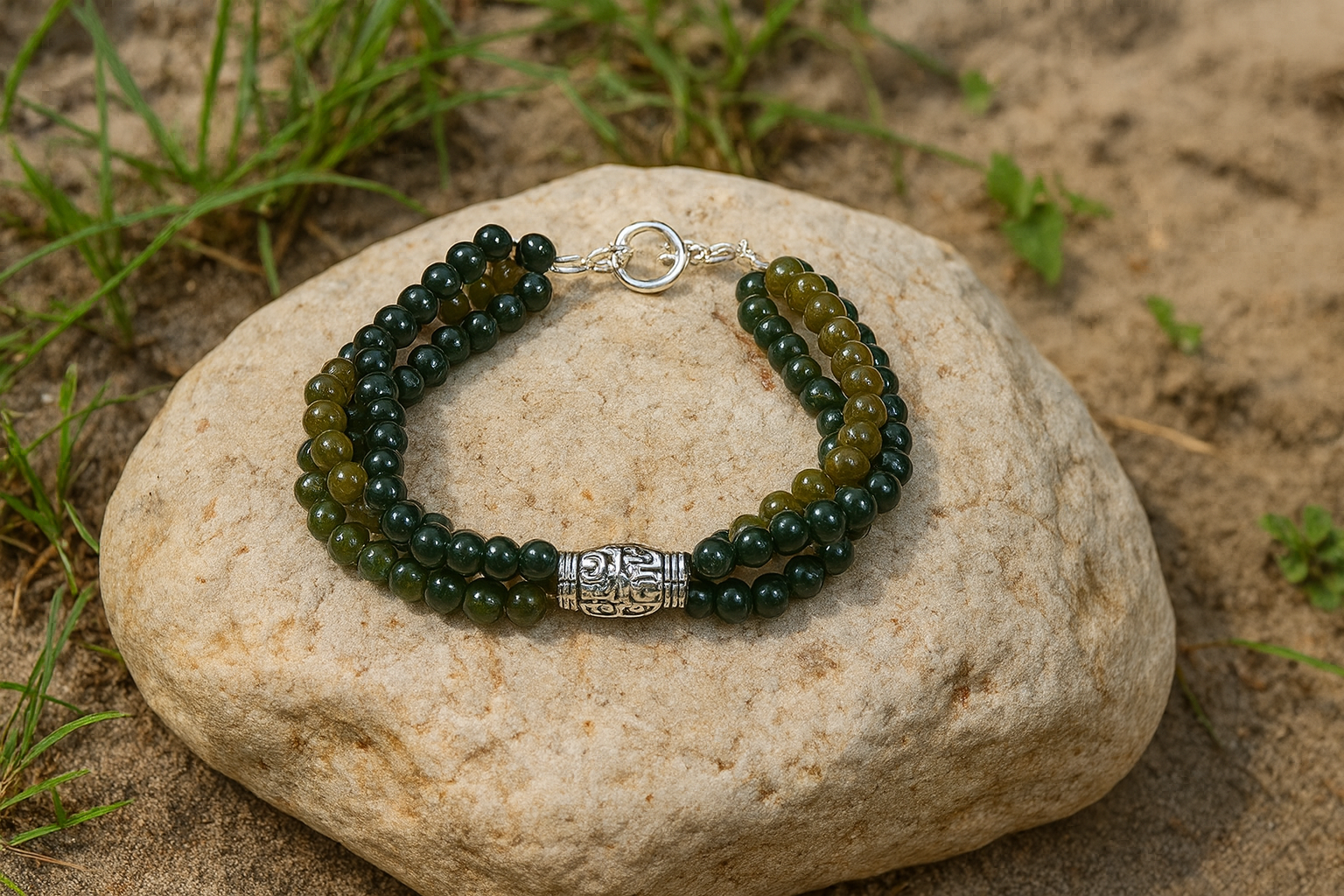 Forest Stillness · Three-Strand Glass Bead Bracelet