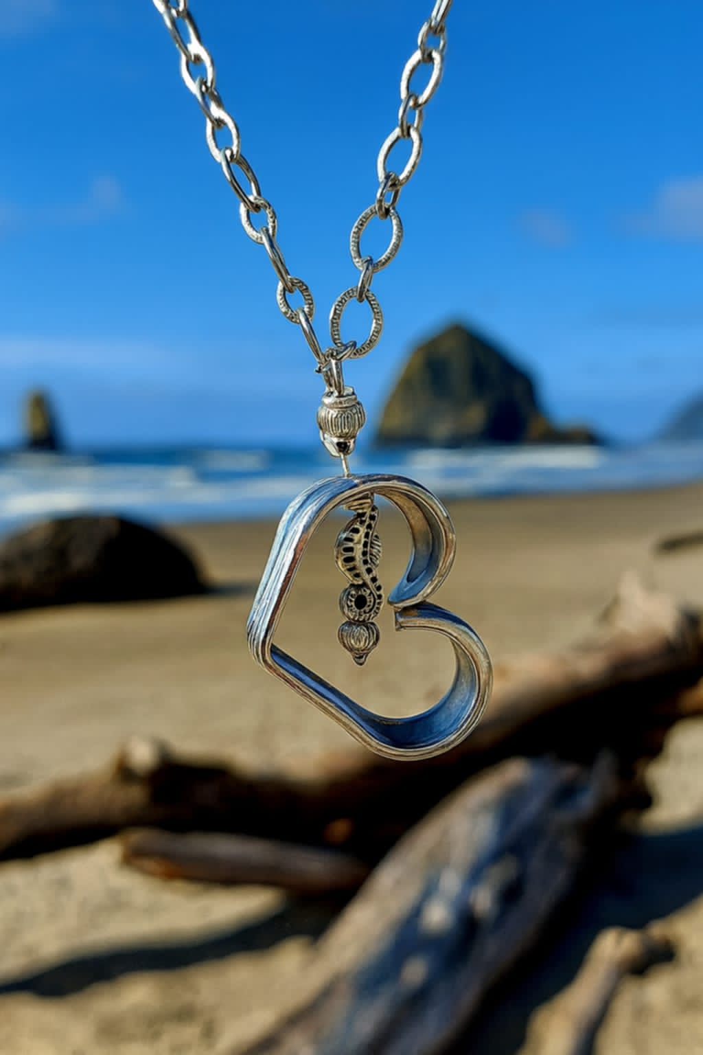 Ocean Heart Silver Pendant with Seahorse Charm