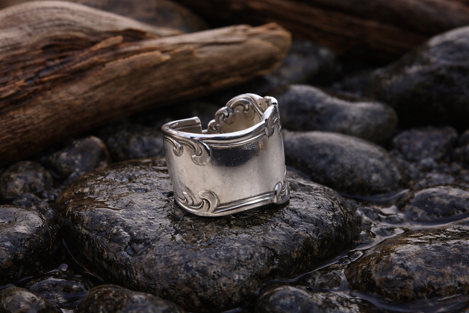 Regal Scroll Silver Spoon Ring