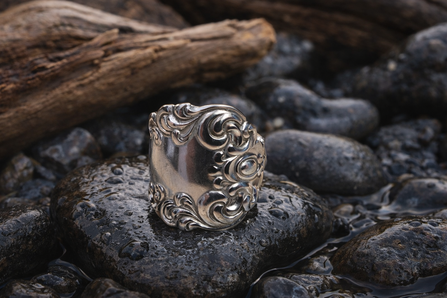 Regal Scroll Silver Spoon Ring