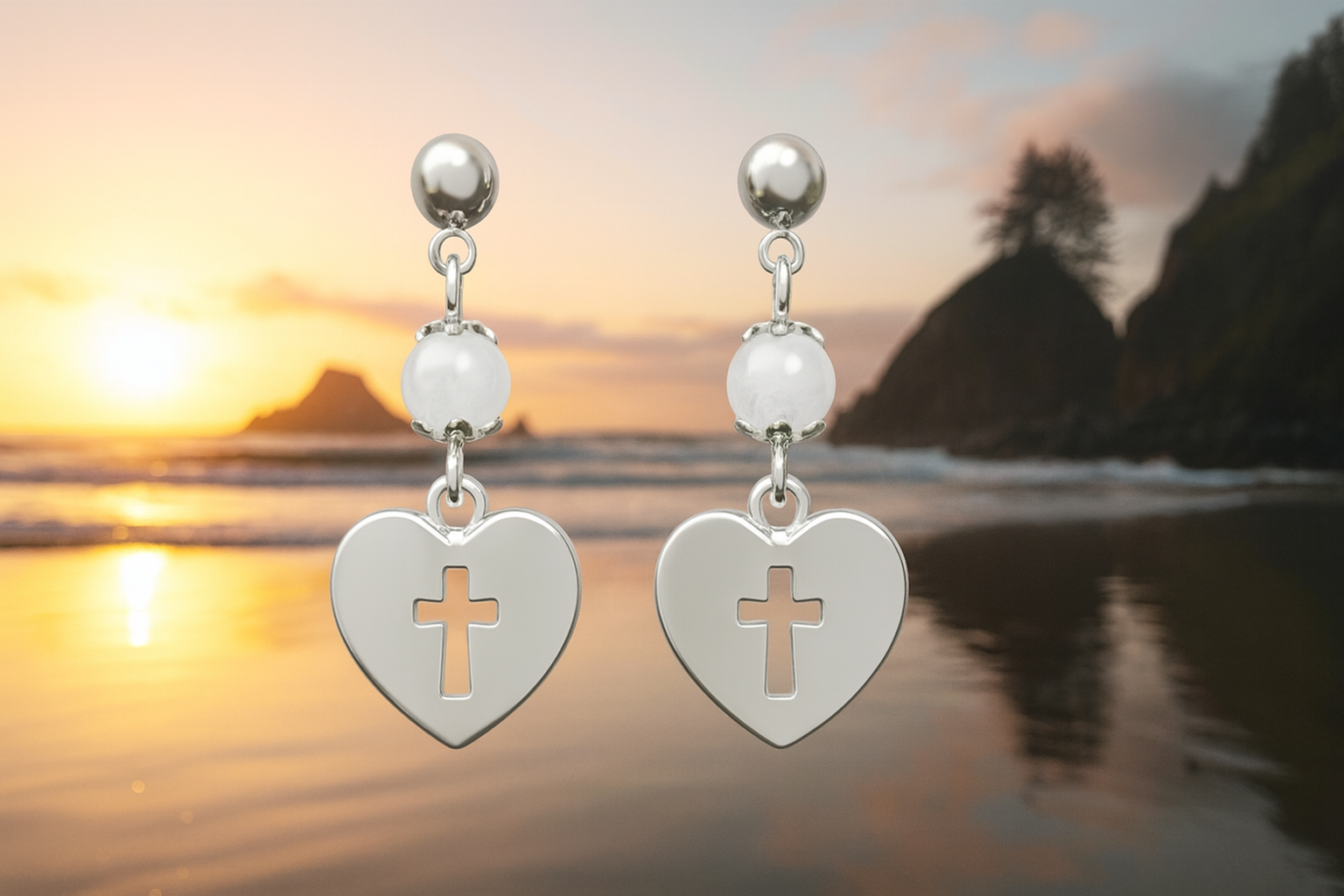 Faithful Heart – 1810 Stainless Steel Earrings with White Glass Beads