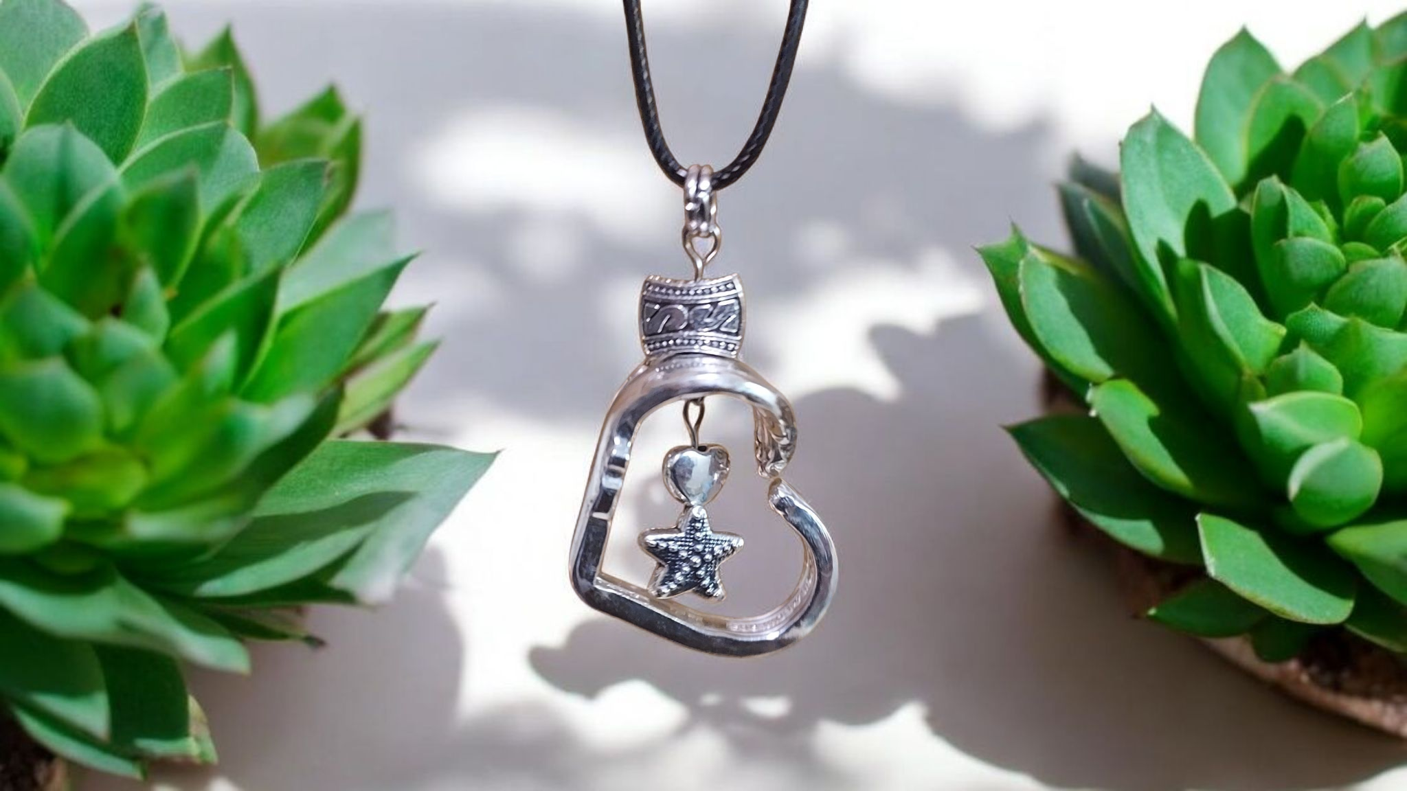 Vintage Silver Heart Pendant with Starfish & Heart Charms