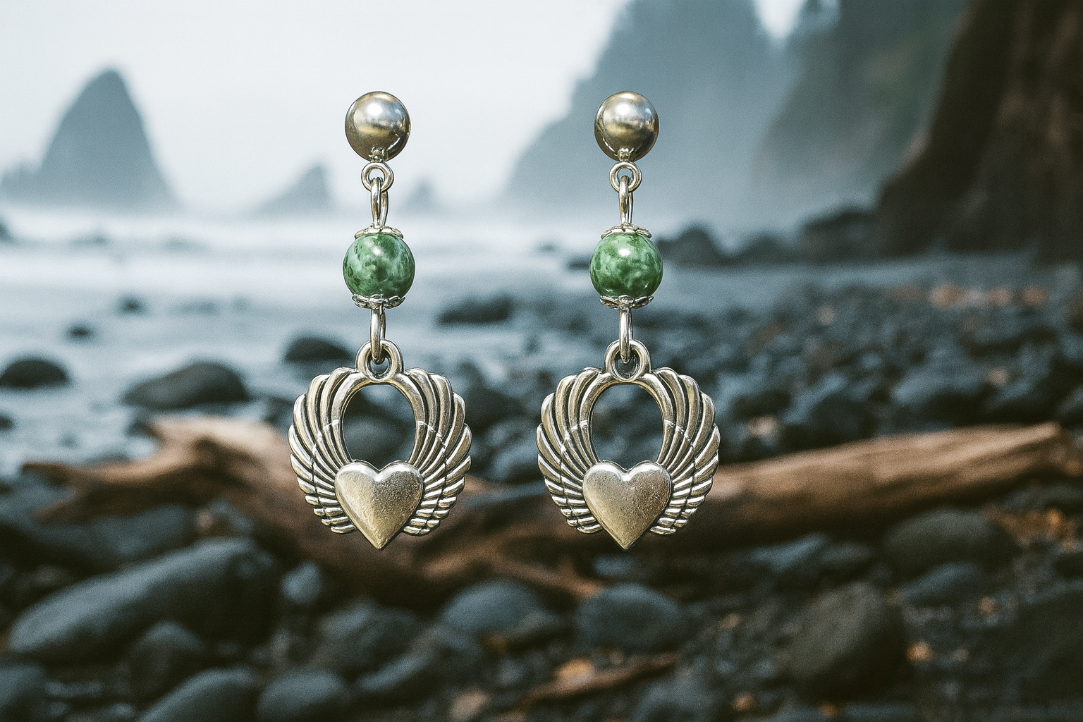 Wings of the Coast – 1810 Stainless Steel Heart Earrings with Green Glass Beads