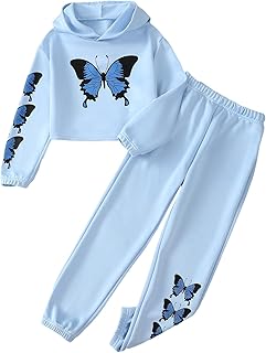 Girls' Blue Butterfly Print Hoodie and Sweatpants Set