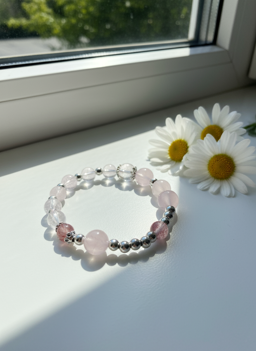 Rose Quartz and Silver Bead Bracelet