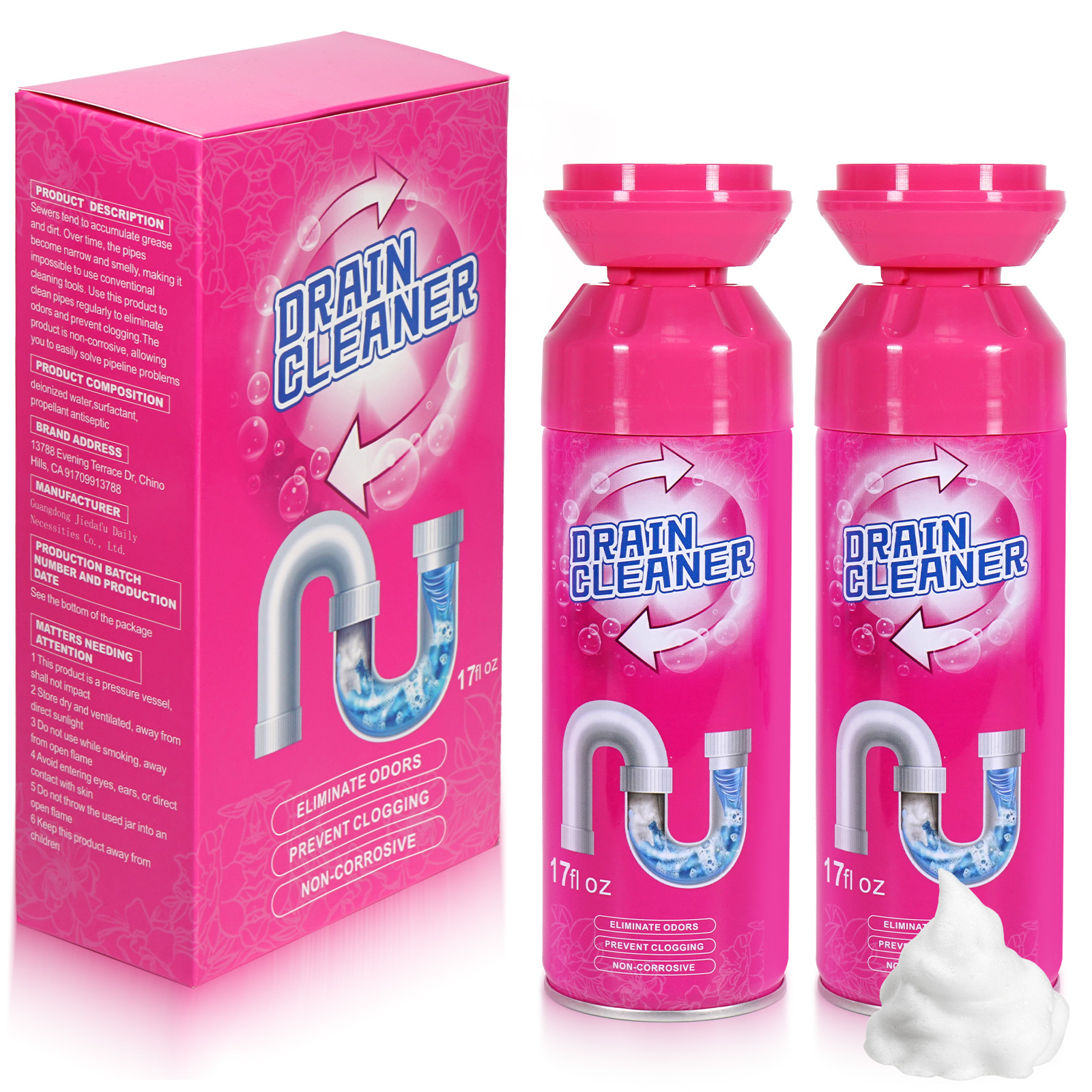 Drain Cleaner, Foaming Drain Cleaner, Sink Cleaner and Deodorizer, Drain Clog Remover for Kitchen Sinks, Tubs, Shower Drains (2PCS)