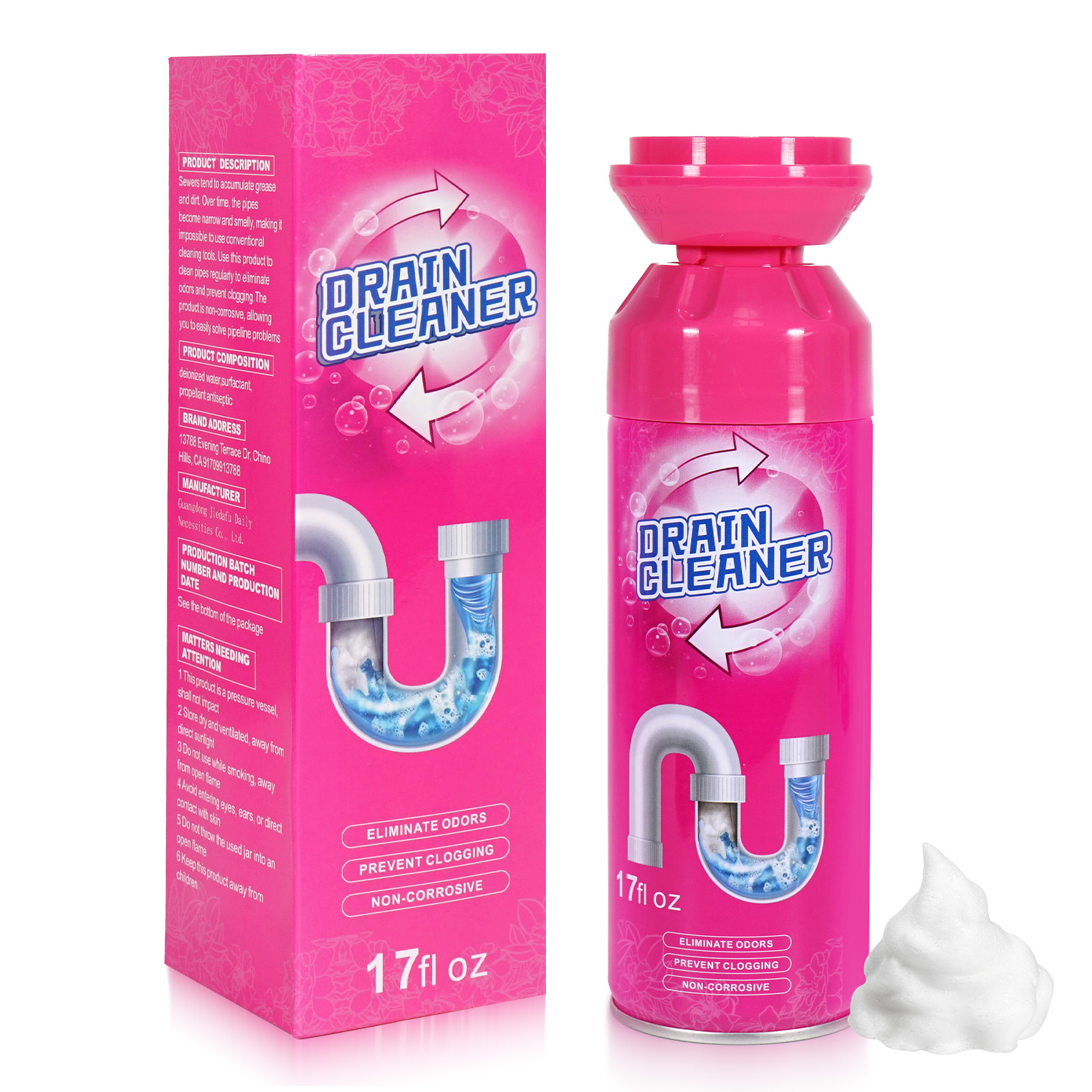 Drain Cleaner, Foaming Drain Cleaner, Sink Cleaner and Deodorizer, Drain Clog Remover for Kitchen Sinks, Tubs, Shower Drains (1PCS)