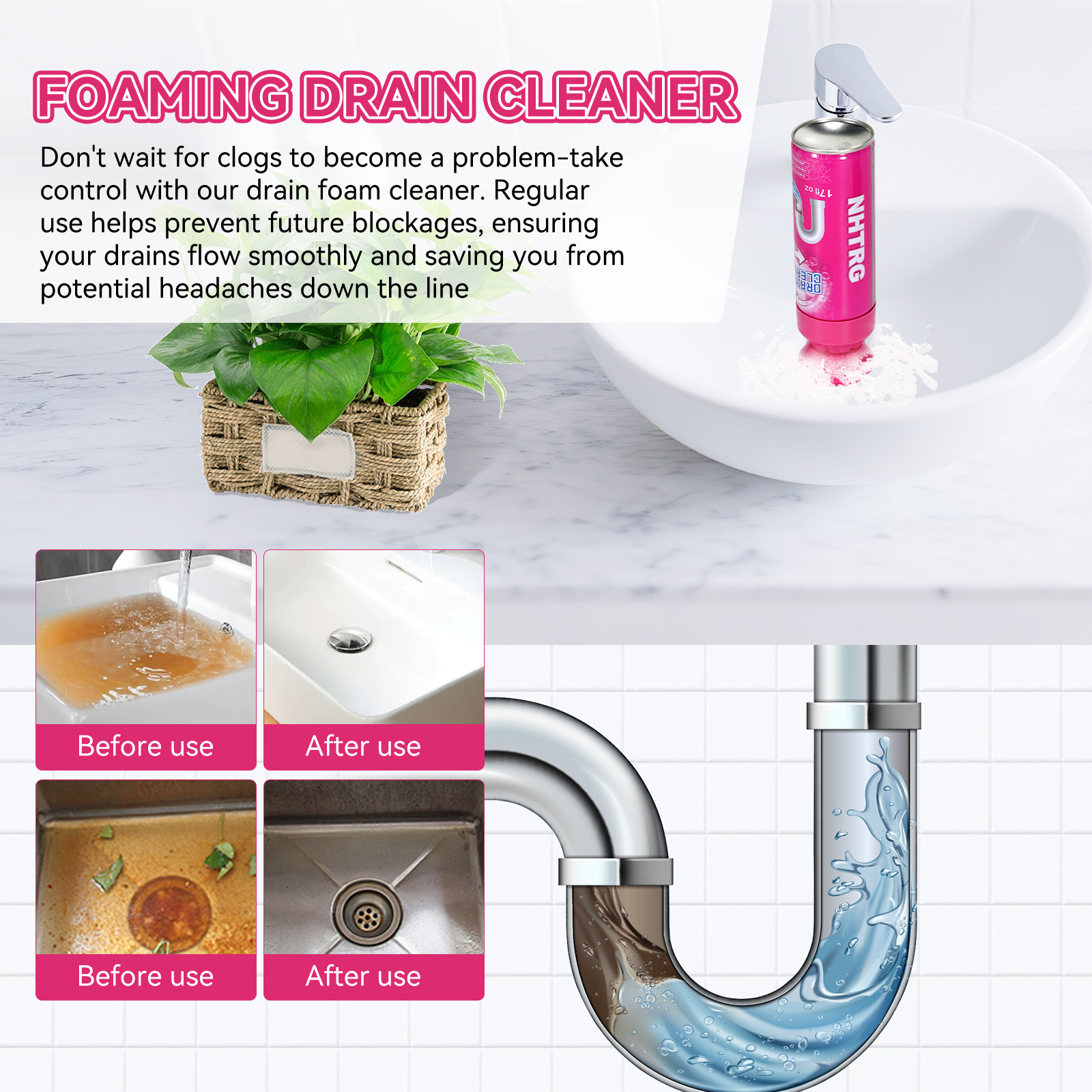 Drain Cleaner, Foaming Drain Cleaner, Sink Cleaner and Deodorizer, Drain Clog Remover for Kitchen Sinks, Tubs, Shower Drains (2PCS)