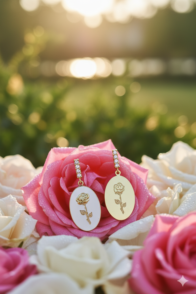 Gold Rose Engraved Earrings