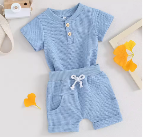 Baby Blue Waffle Knit Romper Set