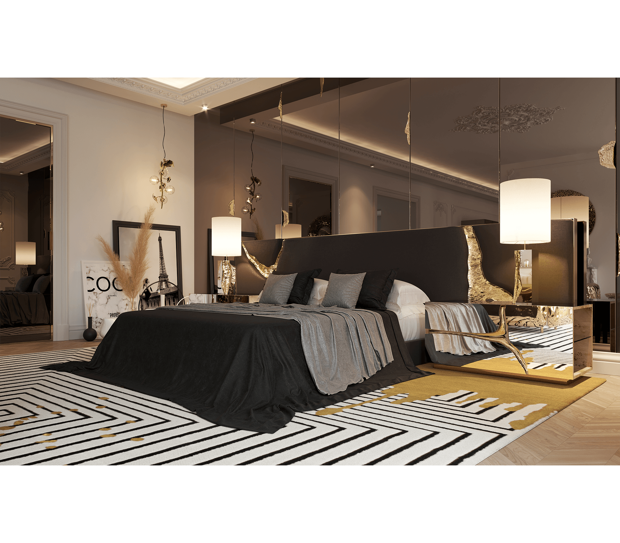 Luxury Black and Gold Headboard Bed